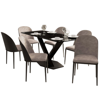 Voren 7-Piece Dining Set with 55" Rectangular Dining Table in Black Glass Top and 6 Leather/Velvet/Suede Fabric Dining Chairs - Elax Furniture