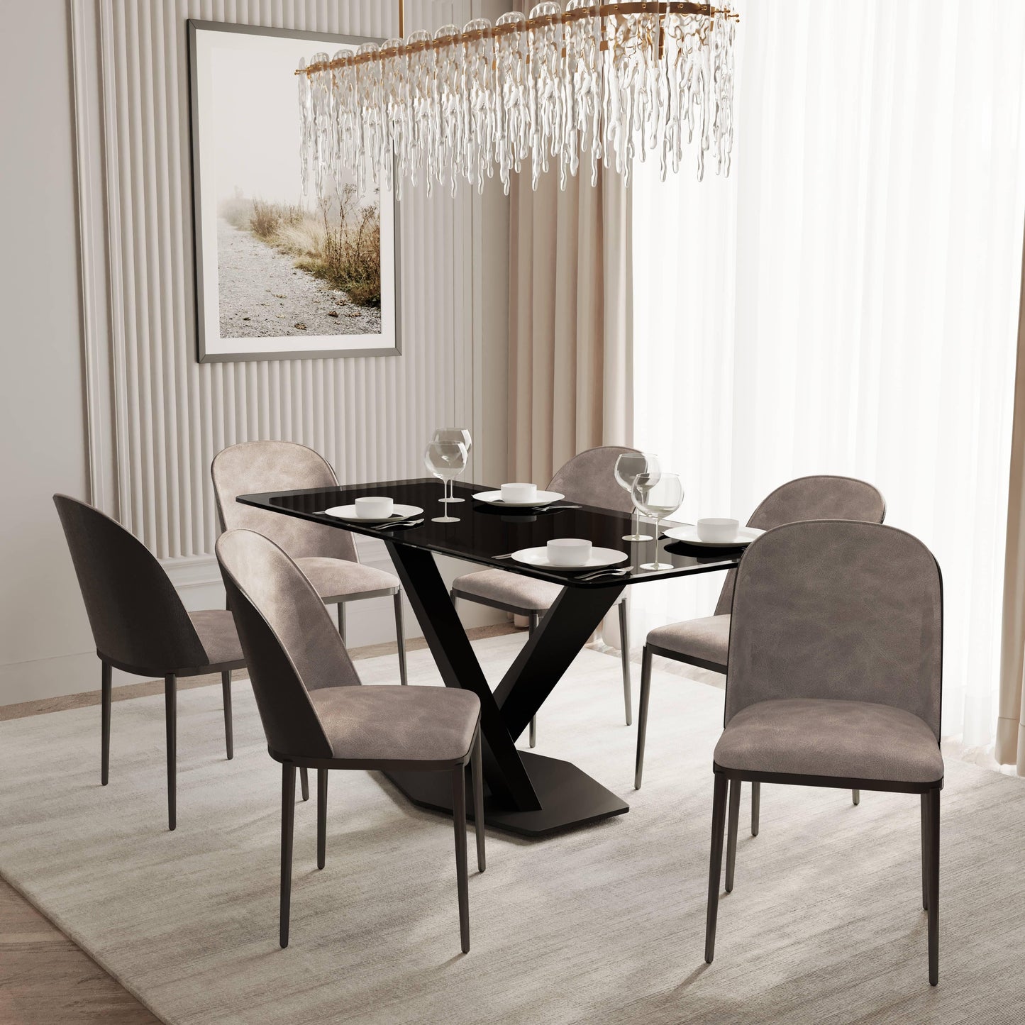 Voren 7-Piece Dining Set with 55" Rectangular Dining Table in Black Glass Top and 6 Leather/Velvet/Suede Fabric Dining Chairs - Elax Furniture