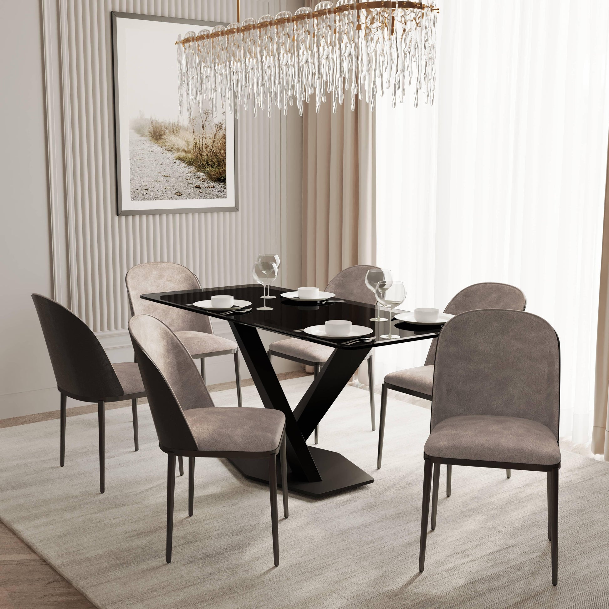 Voren 7-Piece Dining Set with 55" Rectangular Dining Table in Black Glass Top and 6 Leather/Velvet/Suede Fabric Dining Chairs - Elax Furniture