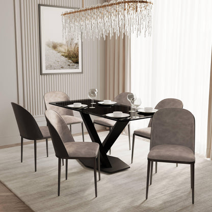 Voren 7-Piece Dining Set with 55" Rectangular Dining Table in Black Glass Top and 6 Leather/Velvet/Suede Fabric Dining Chairs - Elax Furniture
