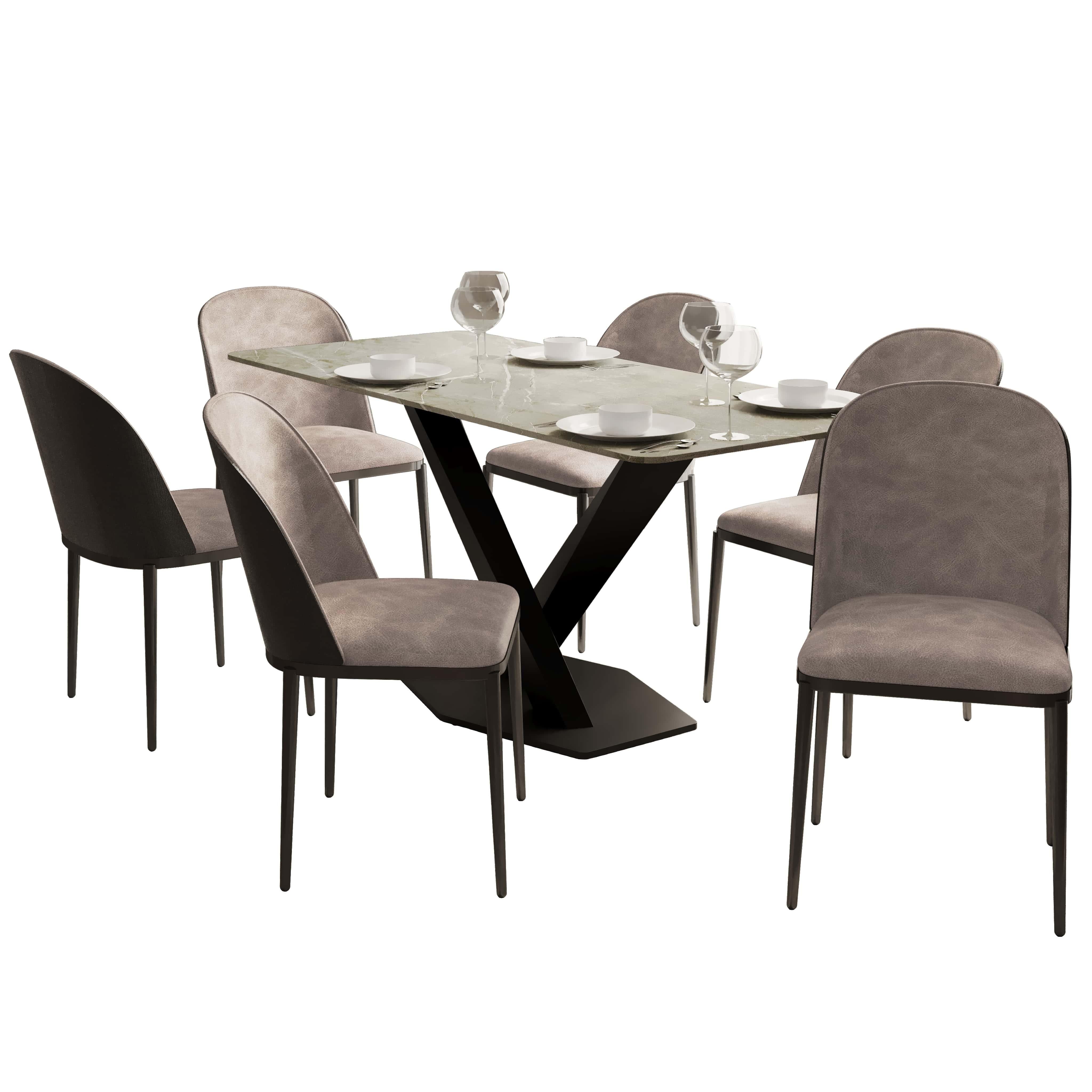 Voren 7-Piece Dining Set with 55" Rectangular Dining Table in Deep Grey Sintered Stone Top and 6 Leather/Velvet/Suede Fabric Dining Chairs - Elax Furniture