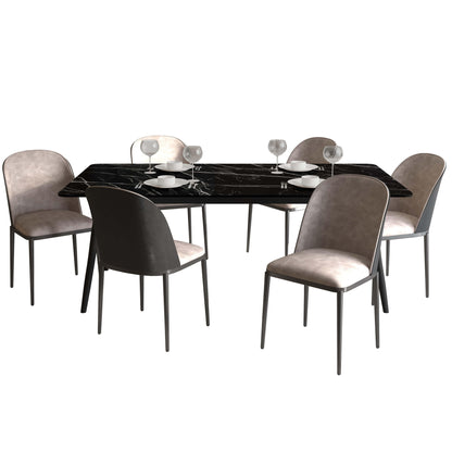 Zayle 7-Piece Dining Set with 55" Rectangular Dining Table in Black/Gold Sintered Stone Top and 6 Leather Dining Chairs - Elax Furniture