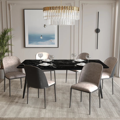Zayle 7-Piece Dining Set with 55" Rectangular Dining Table in Black/Gold Sintered Stone Top and 6 Leather Dining Chairs - Elax Furniture