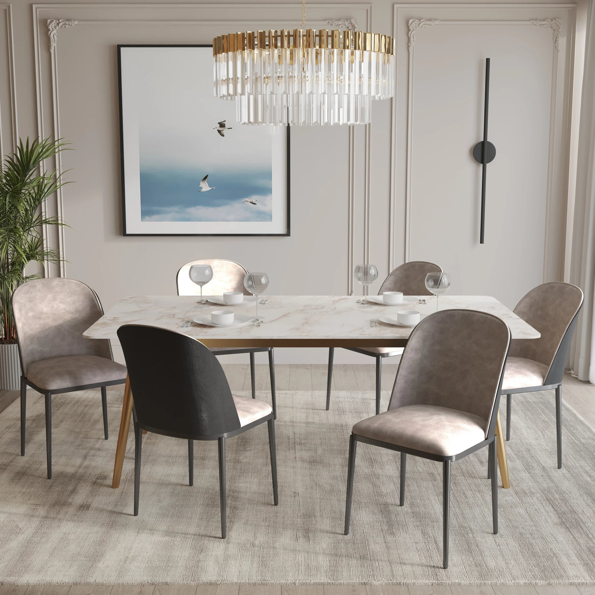 Zayle 7-Piece Dining Set with 55" Rectangular Dining Table in White Grey Sintered Stone Top and 6 Leather Dining Chairs - Elax Furniture