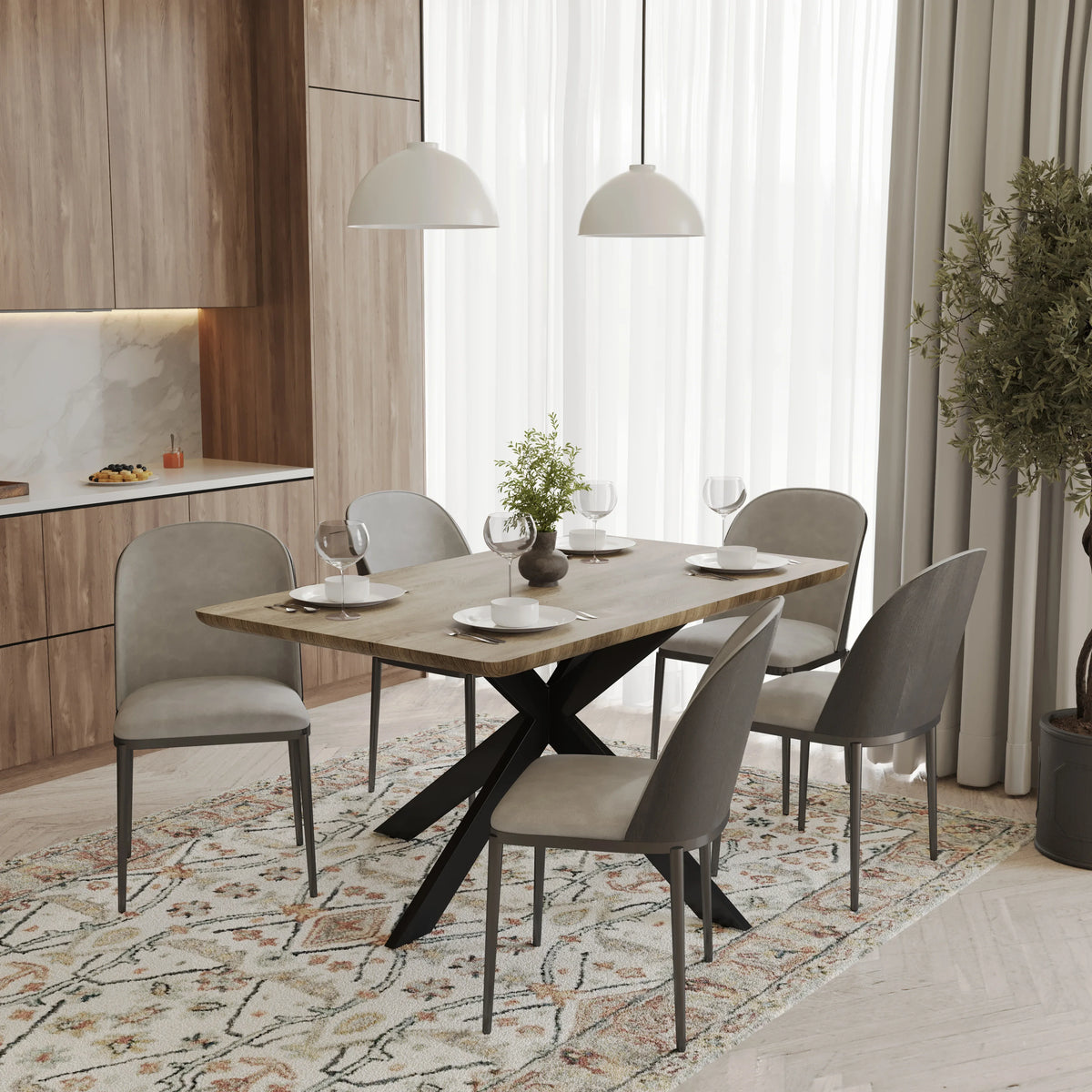 Ravenna 6-Piece Dining Set with 63" Rectangular Dining Table in Natural Wood MDF and 5 Leather/Fabric/Suede Fabric Dining Chairs - Elax Furniture