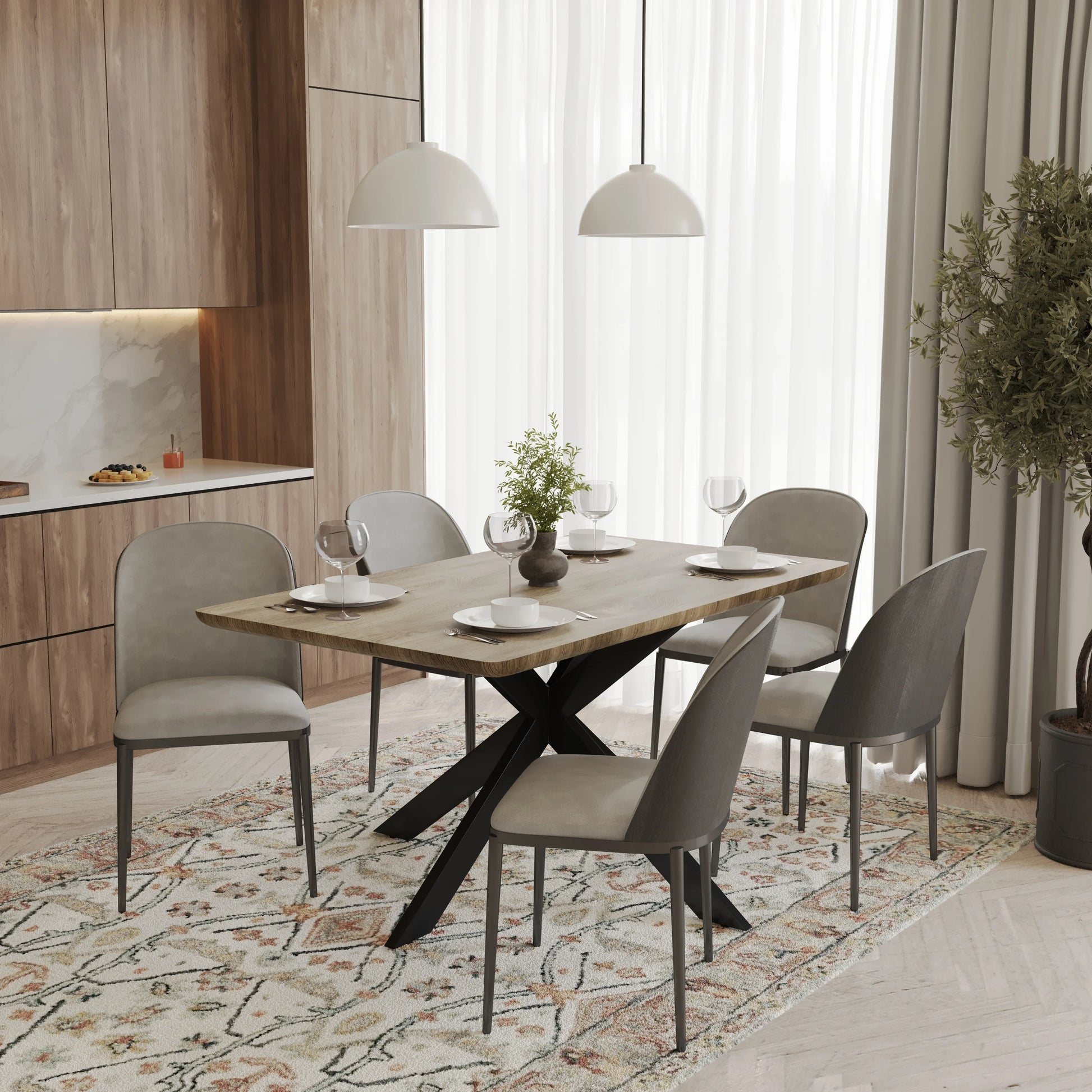 Ravenna 6-Piece Dining Set with 63" Rectangular Dining Table in Natural Wood MDF and 5 Leather/Fabric/Suede Fabric Dining Chairs - Elax Furniture