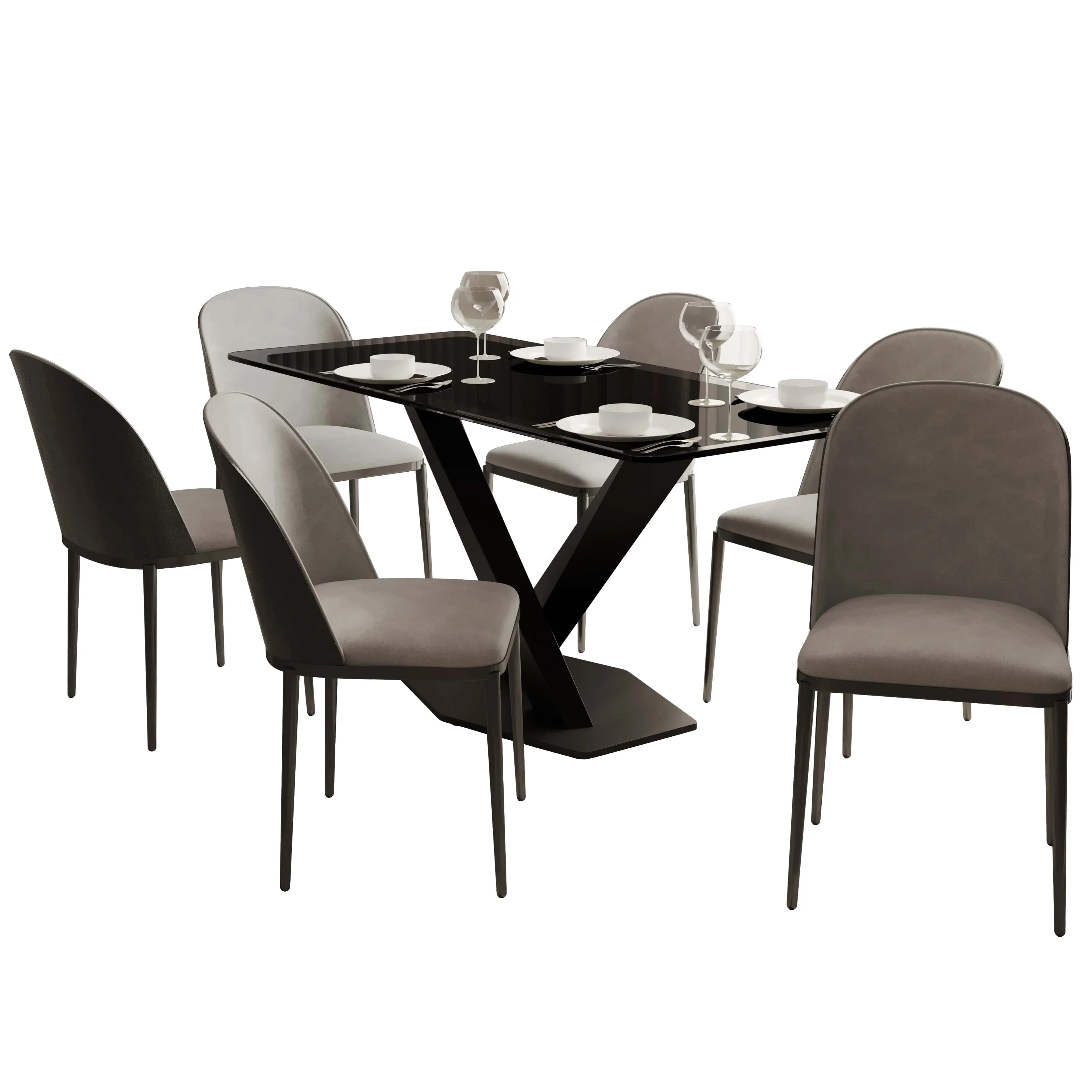 Voren 7-Piece Dining Set with 55" Rectangular Dining Table in Black Glass Top and 6 Leather/Velvet/Suede Fabric Dining Chairs - Elax Furniture