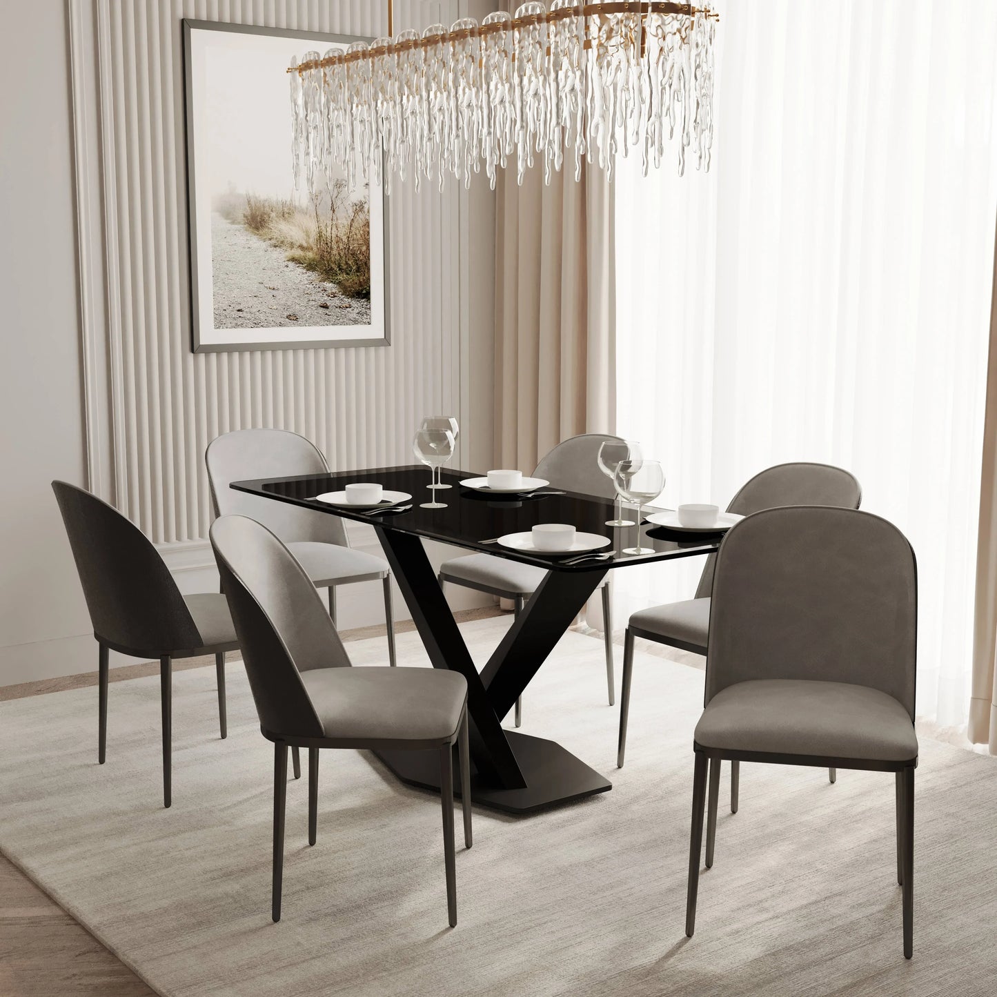Voren 7-Piece Dining Set with 55" Rectangular Dining Table in Black Glass Top and 6 Leather/Velvet/Suede Fabric Dining Chairs - Elax Furniture