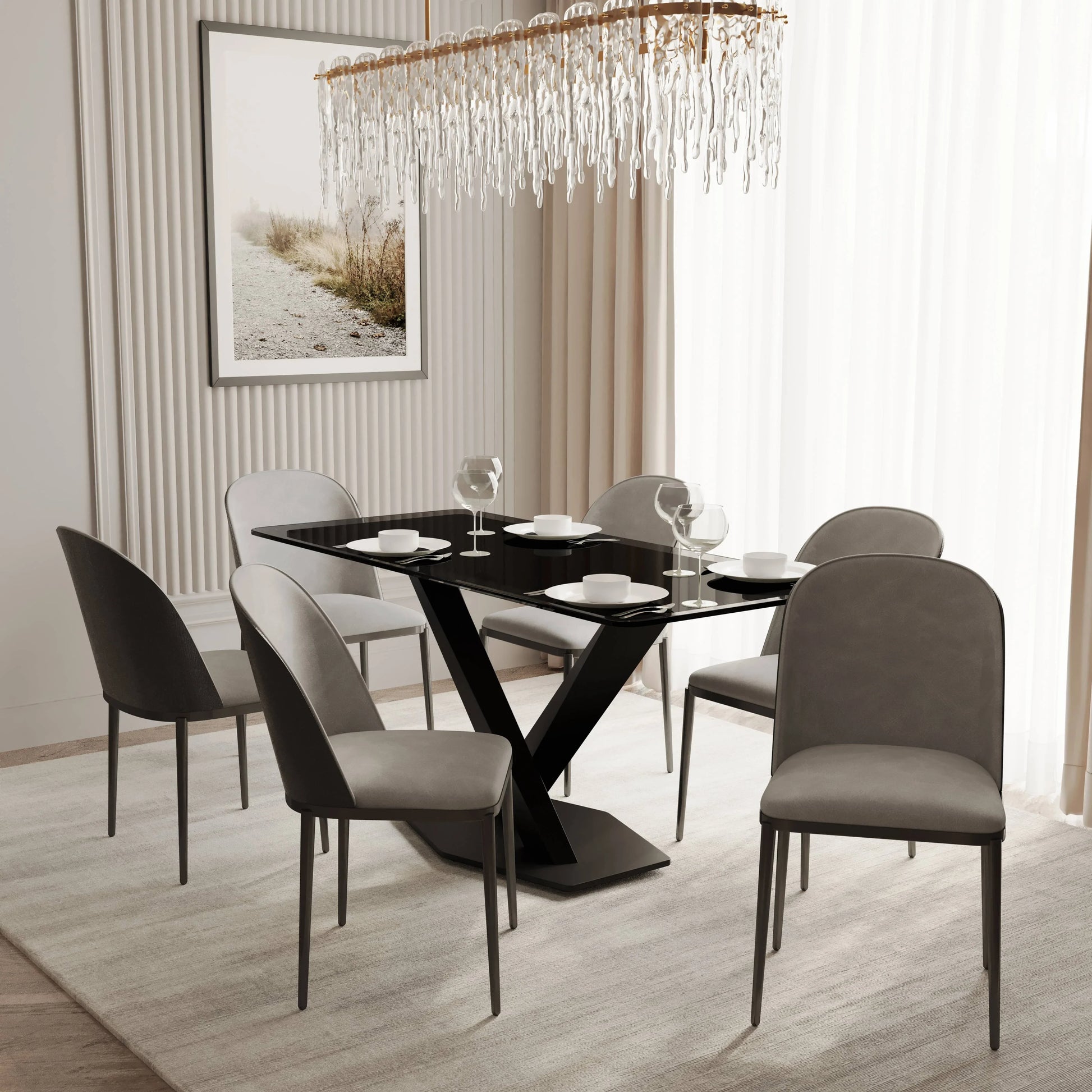 Voren 7-Piece Dining Set with 55" Rectangular Dining Table in Black Glass Top and 6 Leather/Velvet/Suede Fabric Dining Chairs - Elax Furniture