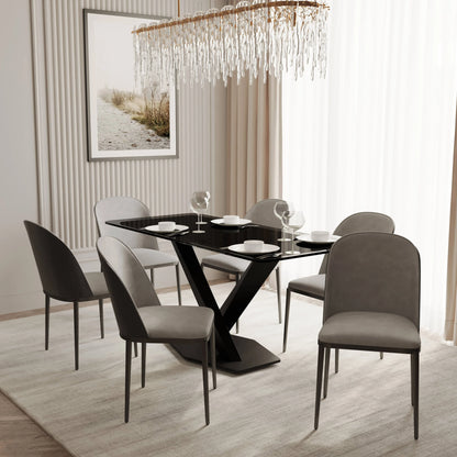Voren 7-Piece Dining Set with 55" Rectangular Dining Table in Black Glass Top and 6 Leather/Velvet/Suede Fabric Dining Chairs - Elax Furniture