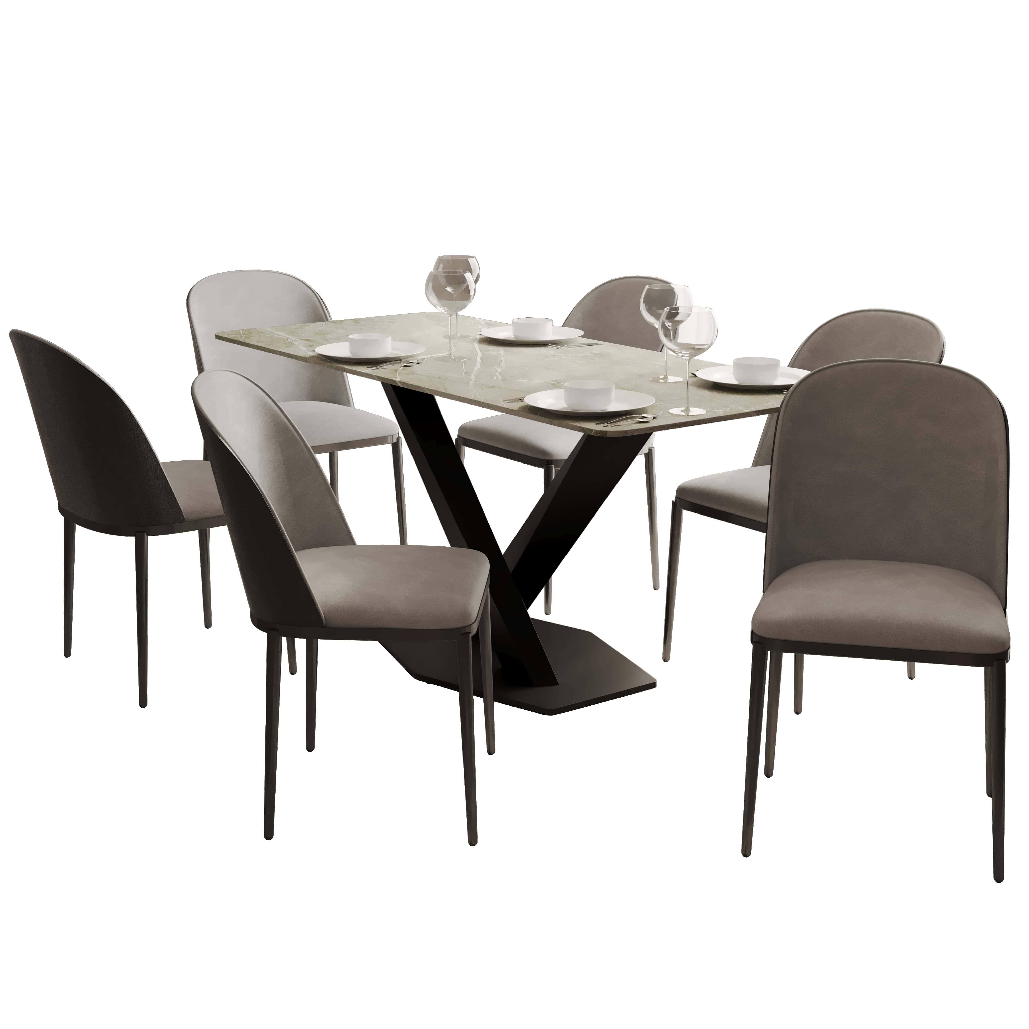 Voren 7-Piece Dining Set with 55" Rectangular Dining Table in Deep Grey Sintered Stone Top and 6 Leather/Velvet/Suede Fabric Dining Chairs - Elax Furniture
