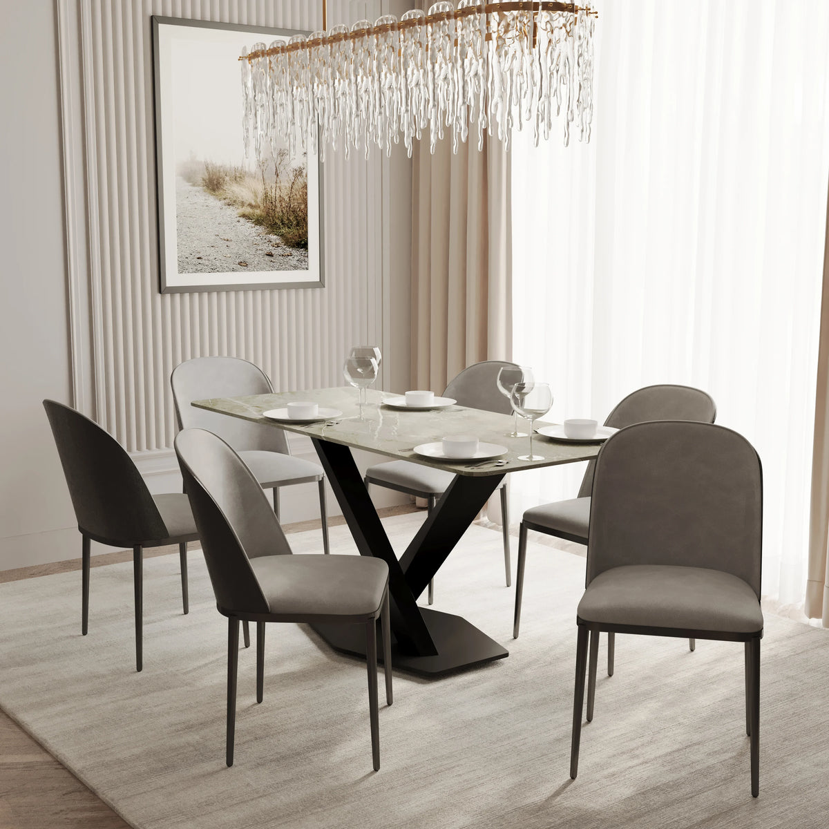 Voren 7-Piece Dining Set with 55" Rectangular Dining Table in Deep Grey Sintered Stone Top and 6 Leather/Velvet/Suede Fabric Dining Chairs - Elax Furniture