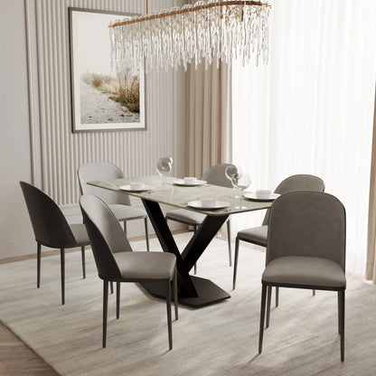 Voren 7-Piece Dining Set with 55" Rectangular Dining Table in Deep Grey Sintered Stone Top and 6 Leather/Velvet/Suede Fabric Dining Chairs - Elax Furniture