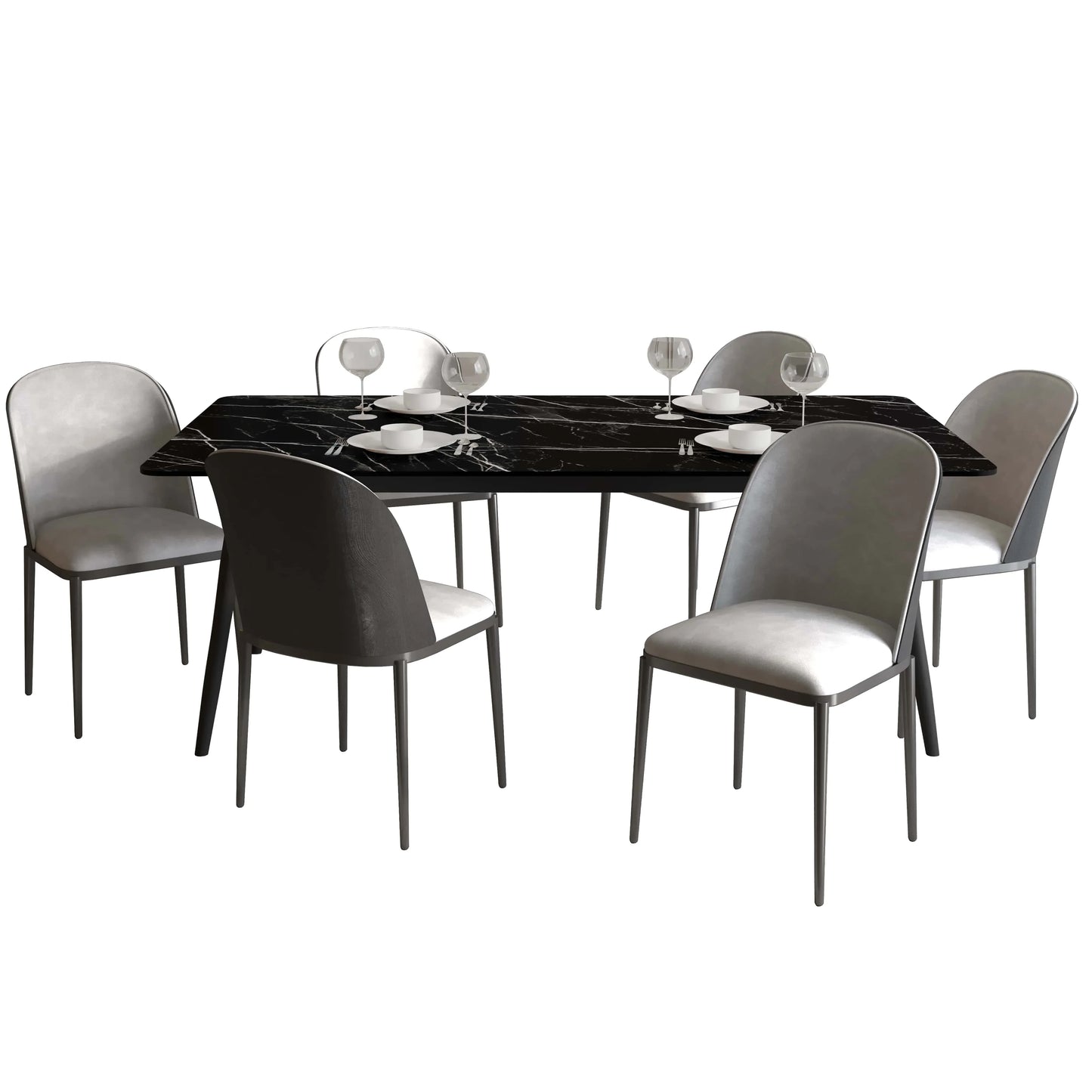 Zayle 7-Piece Dining Set with 55" Rectangular Dining Table in Black/Gold Sintered Stone Top and 6 Leather Dining Chairs - Elax Furniture