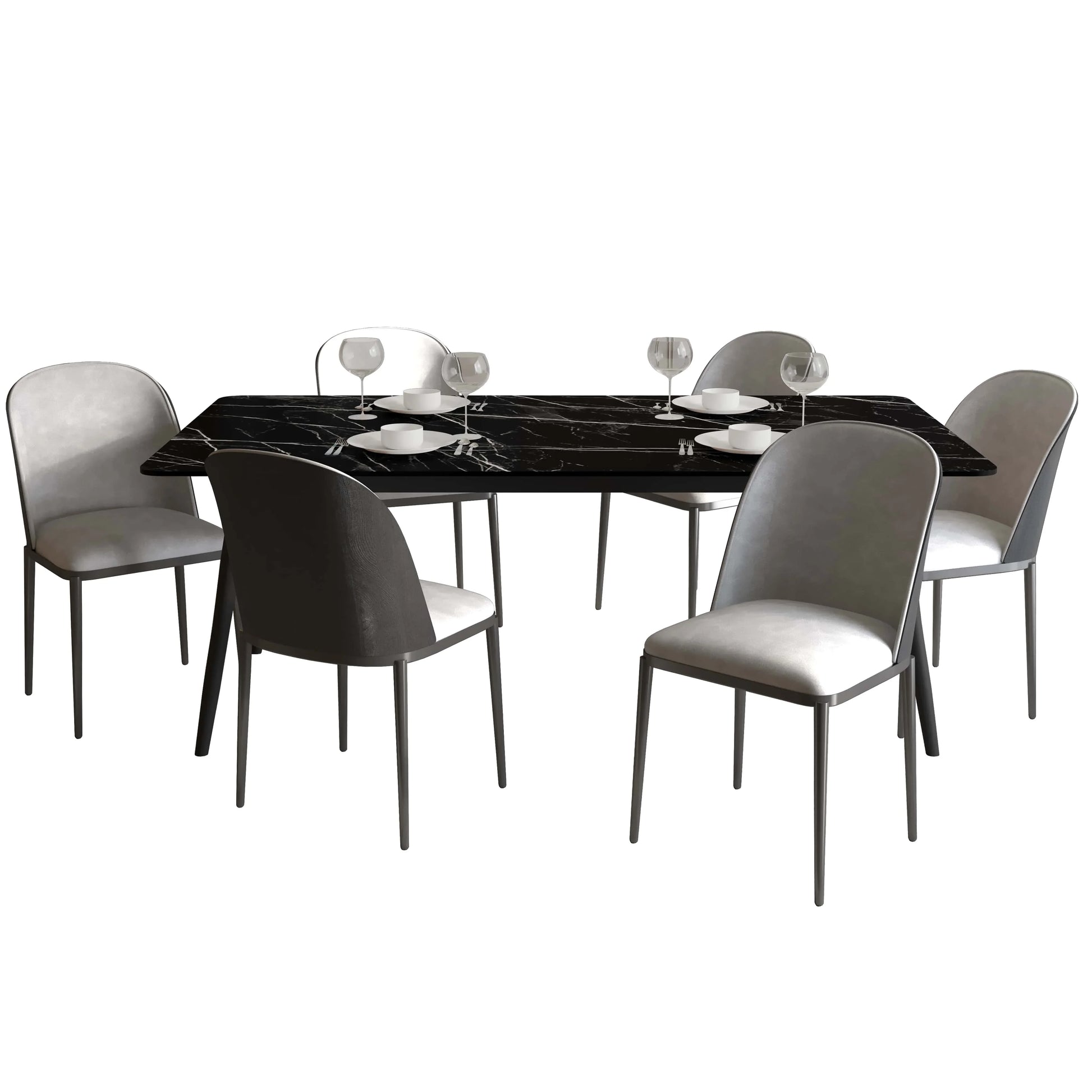 Zayle 7-Piece Dining Set with 55" Rectangular Dining Table in Black/Gold Sintered Stone Top and 6 Leather Dining Chairs - Elax Furniture