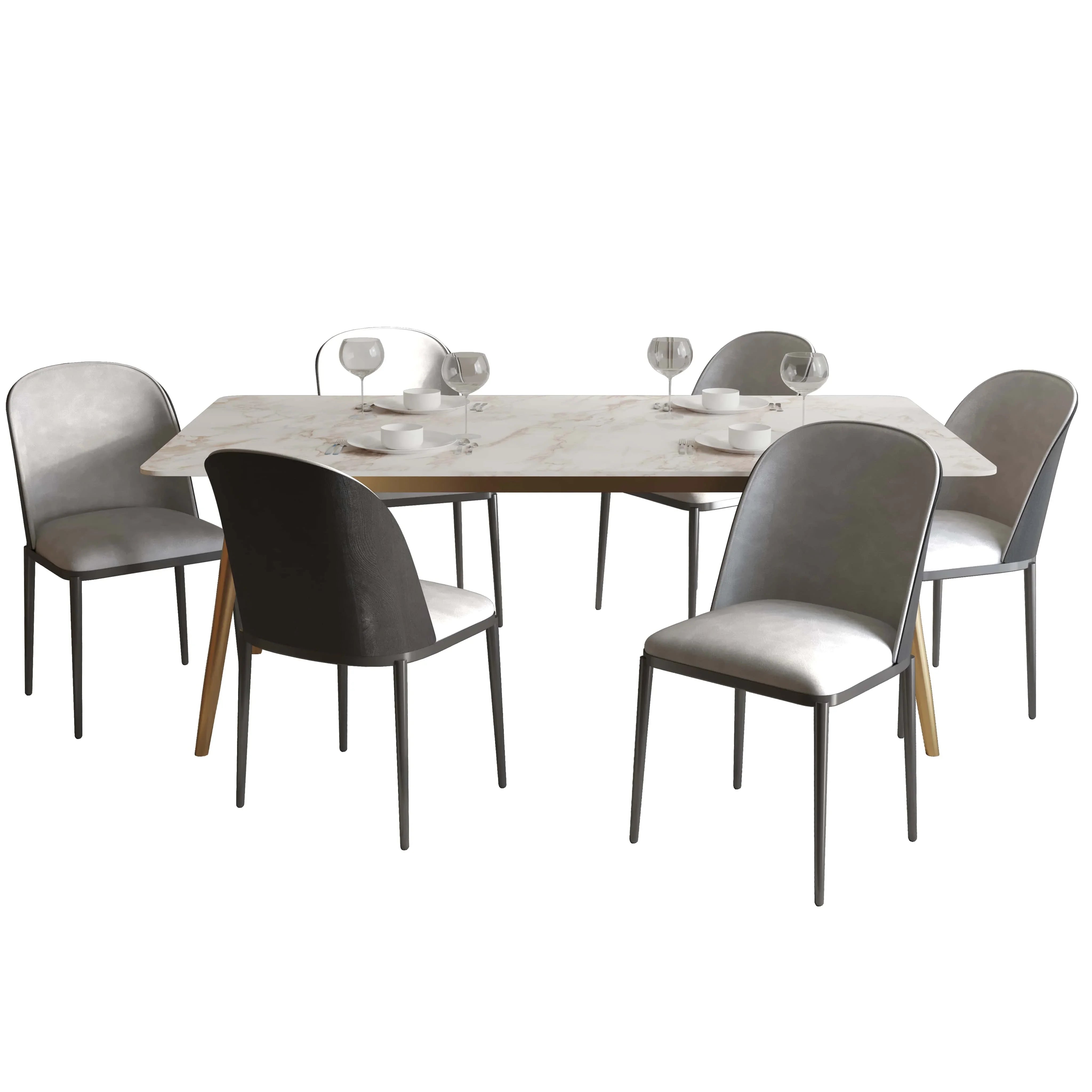 Zayle 7-Piece Dining Set with 55" Rectangular Dining Table in White Grey Sintered Stone Top and 6 Leather Dining Chairs - Elax Furniture