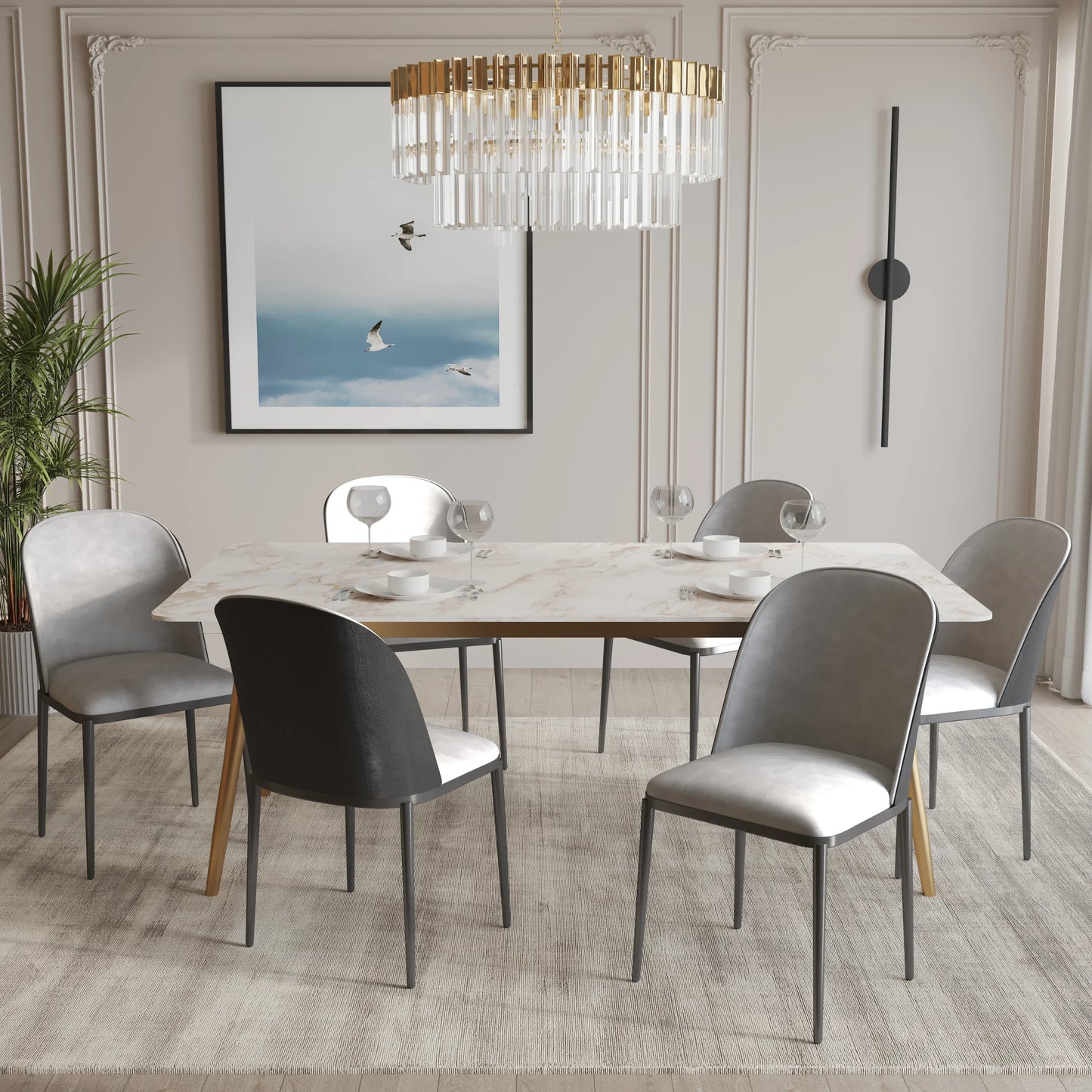 Zayle 7-Piece Dining Set with 55" Rectangular Dining Table in White Grey Sintered Stone Top and 6 Leather Dining Chairs - Elax Furniture