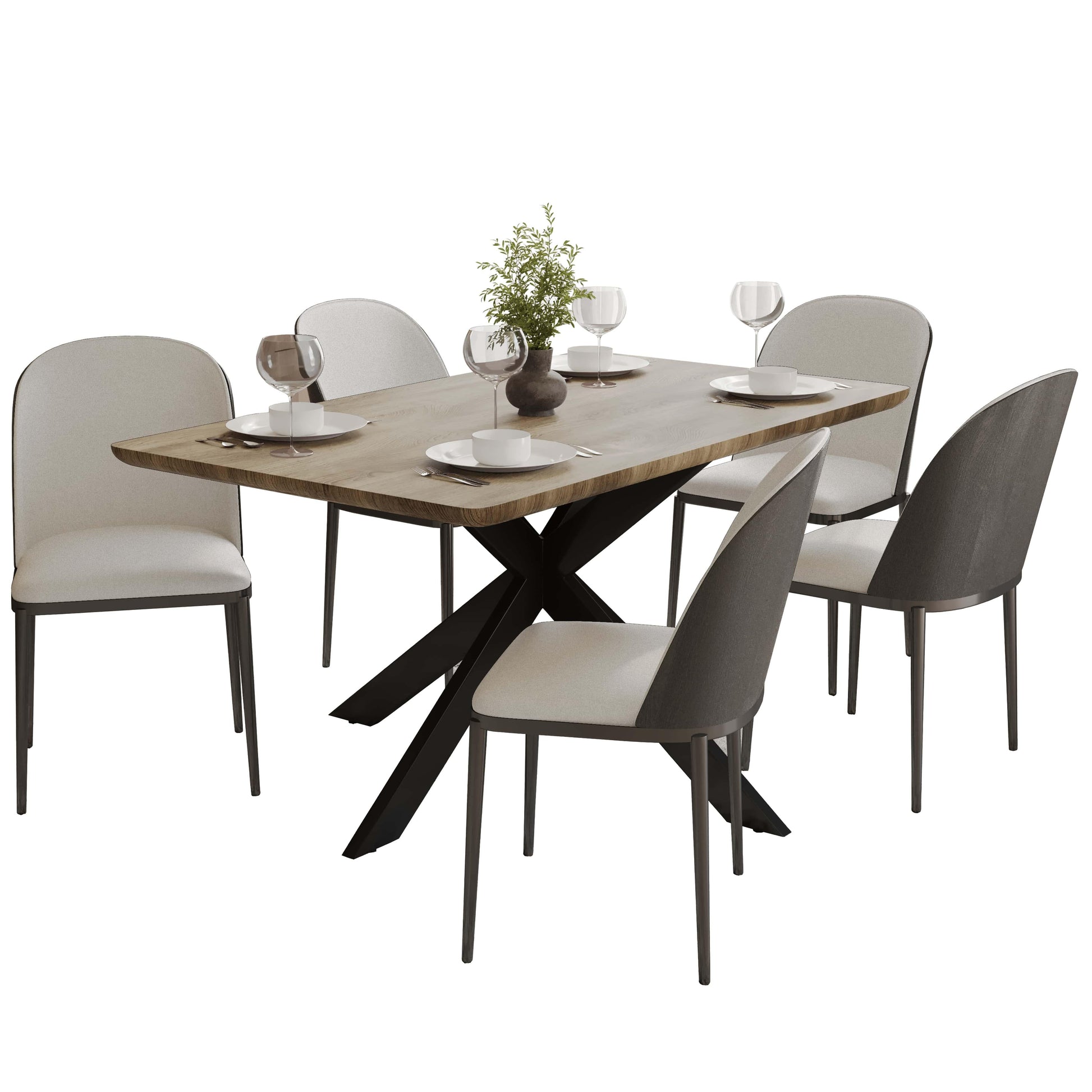 Ravenna 6-Piece Dining Set with 63" Rectangular Dining Table in Natural Wood MDF and 5 Leather/Fabric/Suede Fabric Dining Chairs - Elax Furniture