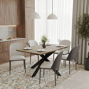 Ravenna 6-Piece Dining Set with 63" Rectangular Dining Table in Natural Wood MDF and 5 Leather/Fabric/Suede Fabric Dining Chairs - Elax Furniture