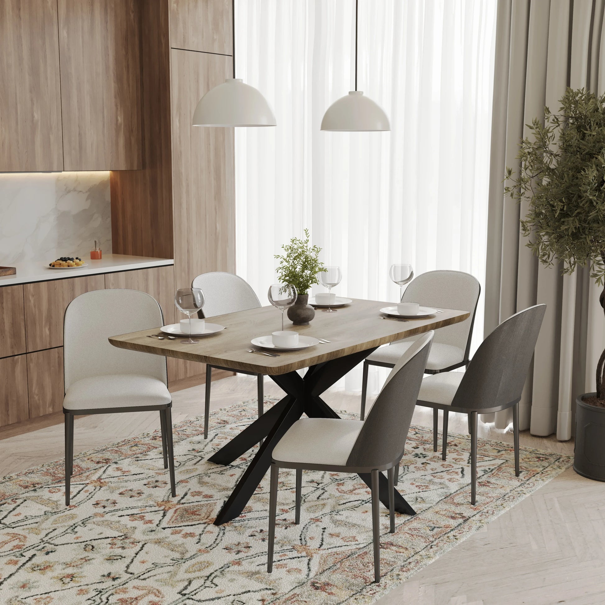 Ravenna 6-Piece Dining Set with 63" Rectangular Dining Table in Natural Wood MDF and 5 Leather/Fabric/Suede Fabric Dining Chairs - Elax Furniture