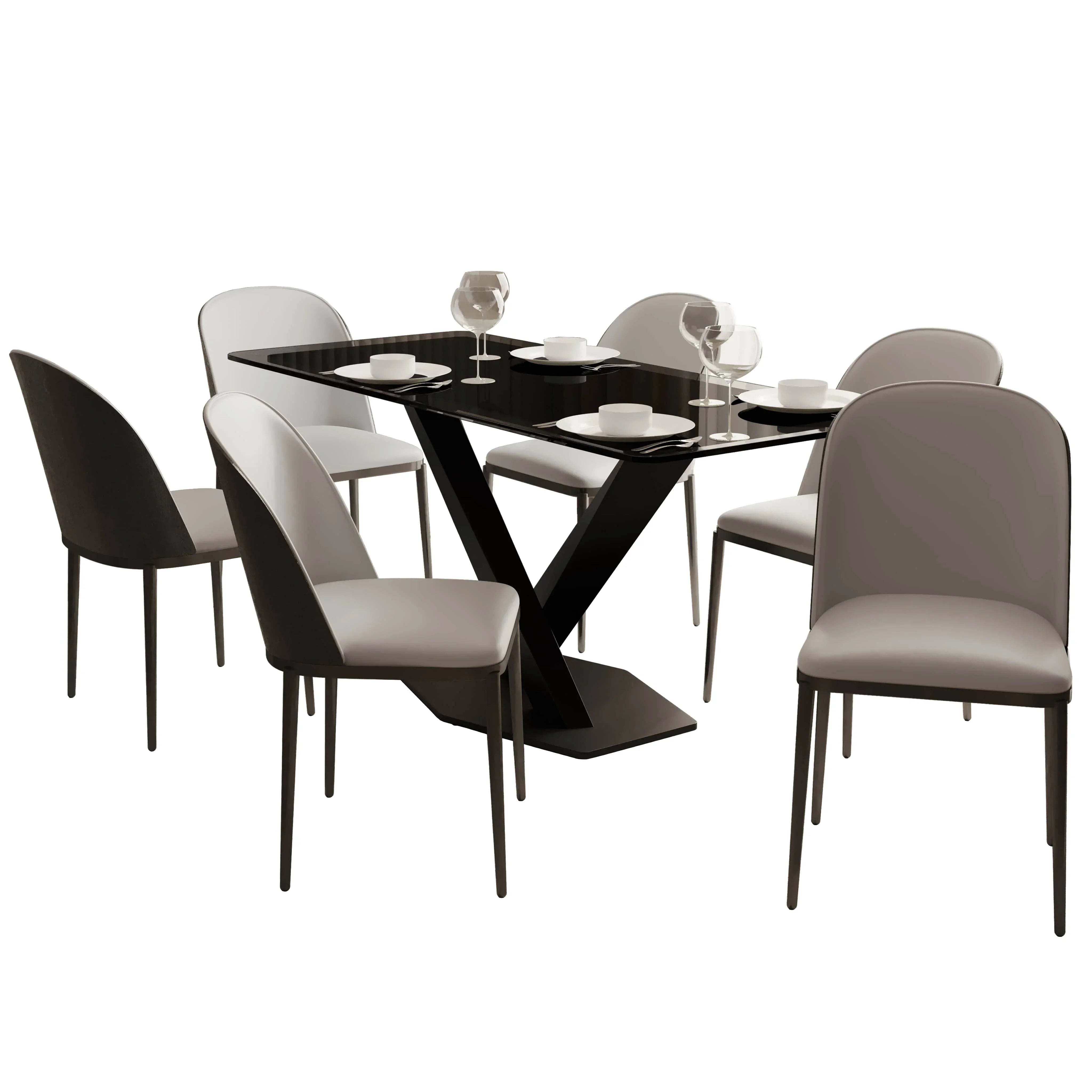 Voren 7-Piece Dining Set with 55" Rectangular Dining Table in Black Glass Top and 6 Leather/Velvet/Suede Fabric Dining Chairs - Elax Furniture