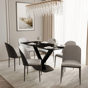 Voren 7-Piece Dining Set with 55" Rectangular Dining Table in Black Glass Top and 6 Leather/Velvet/Suede Fabric Dining Chairs - Elax Furniture