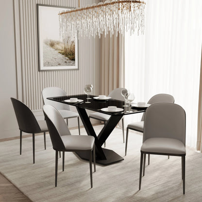 Voren 7-Piece Dining Set with 55" Rectangular Dining Table in Black Glass Top and 6 Leather/Velvet/Suede Fabric Dining Chairs - Elax Furniture