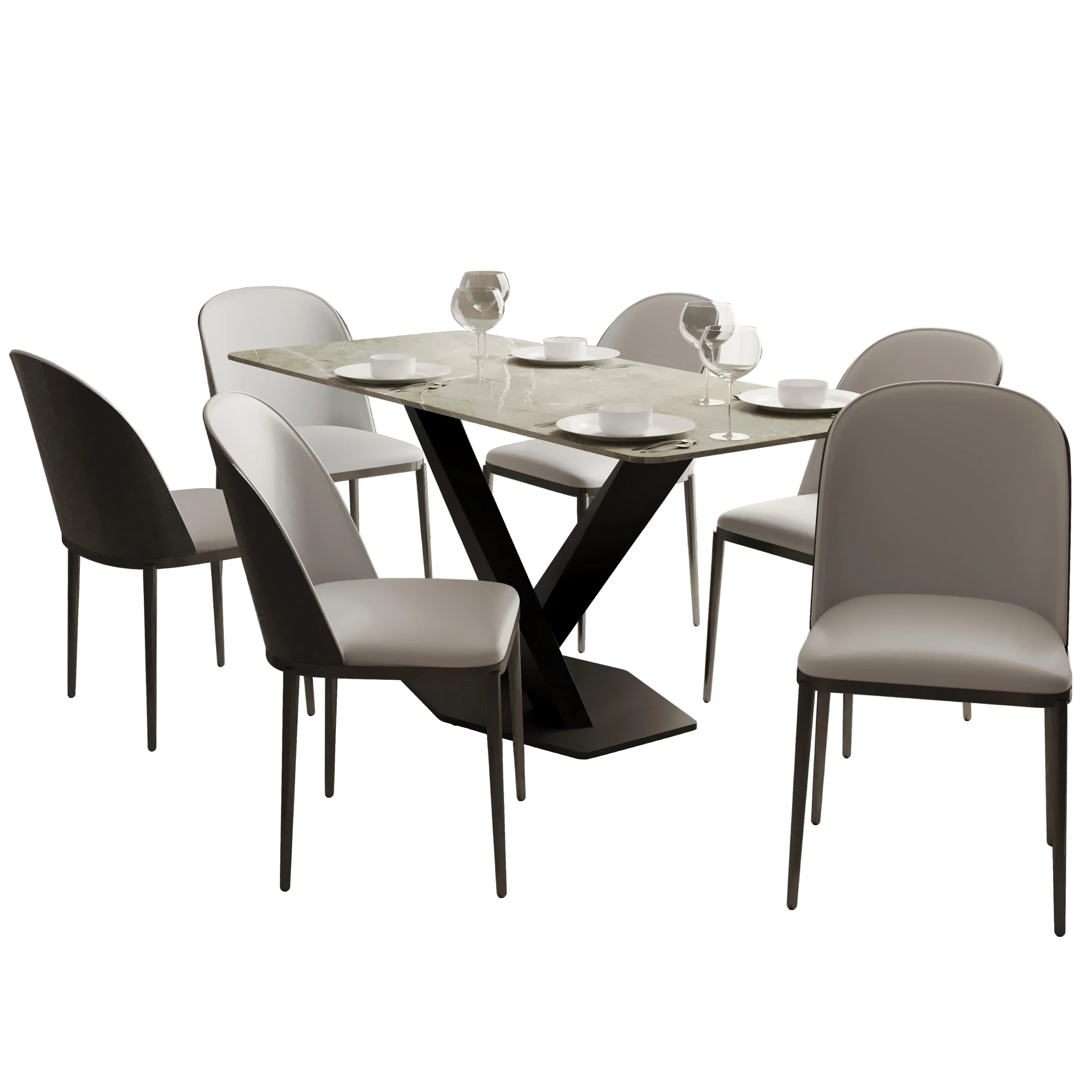 Voren 7-Piece Dining Set with 55" Rectangular Dining Table in Deep Grey Sintered Stone Top and 6 Leather/Velvet/Suede Fabric Dining Chairs - Elax Furniture