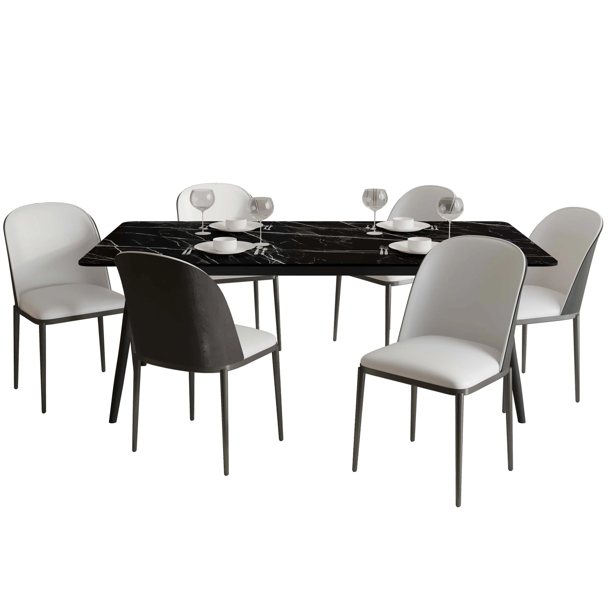 Zayle 7-Piece Dining Set with 55" Rectangular Dining Table in Black/Gold Sintered Stone Top and 6 Leather Dining Chairs - Elax Furniture
