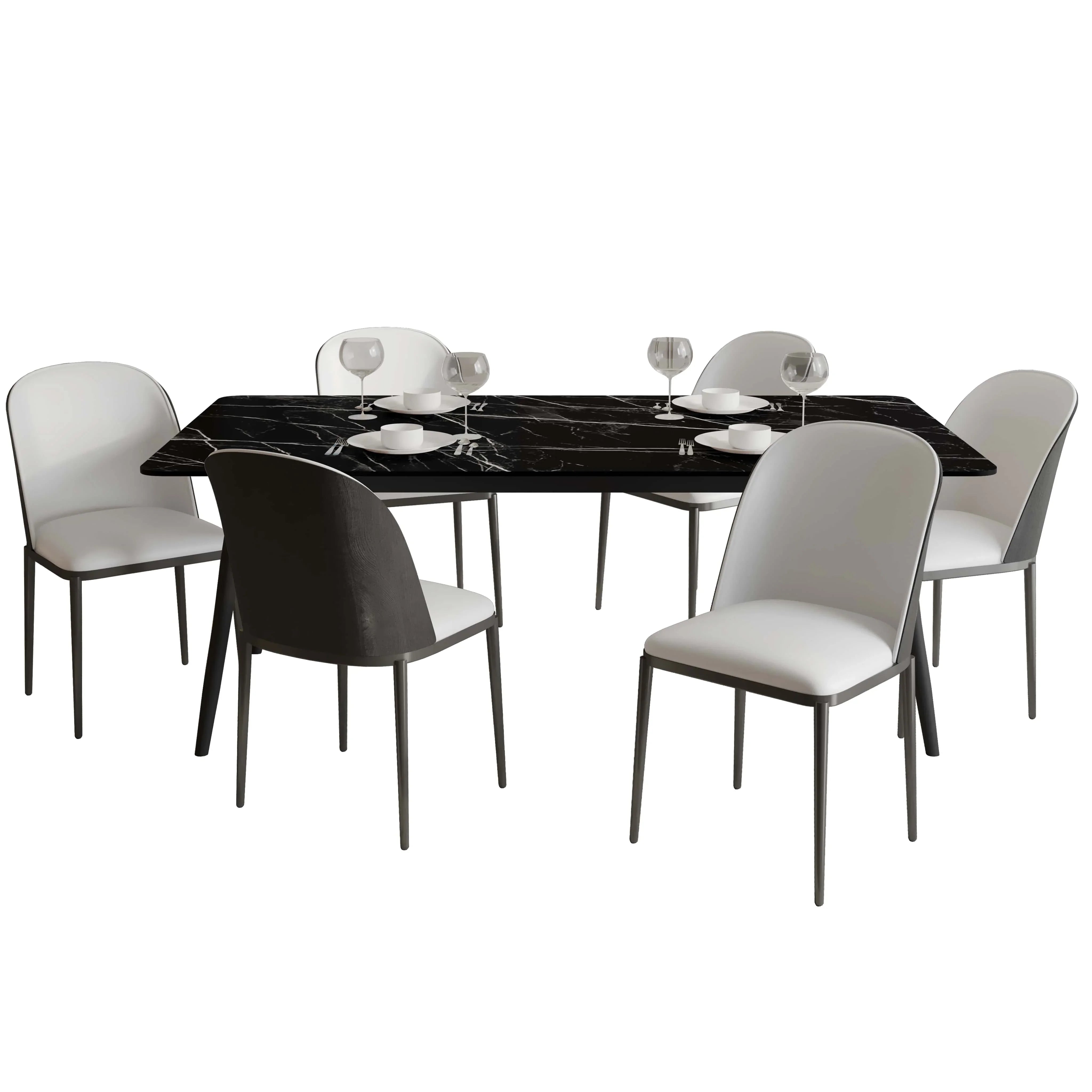 Zayle 7-Piece Dining Set with 55" Rectangular Dining Table in Black/Gold Sintered Stone Top and 6 Leather Dining Chairs - Elax Furniture