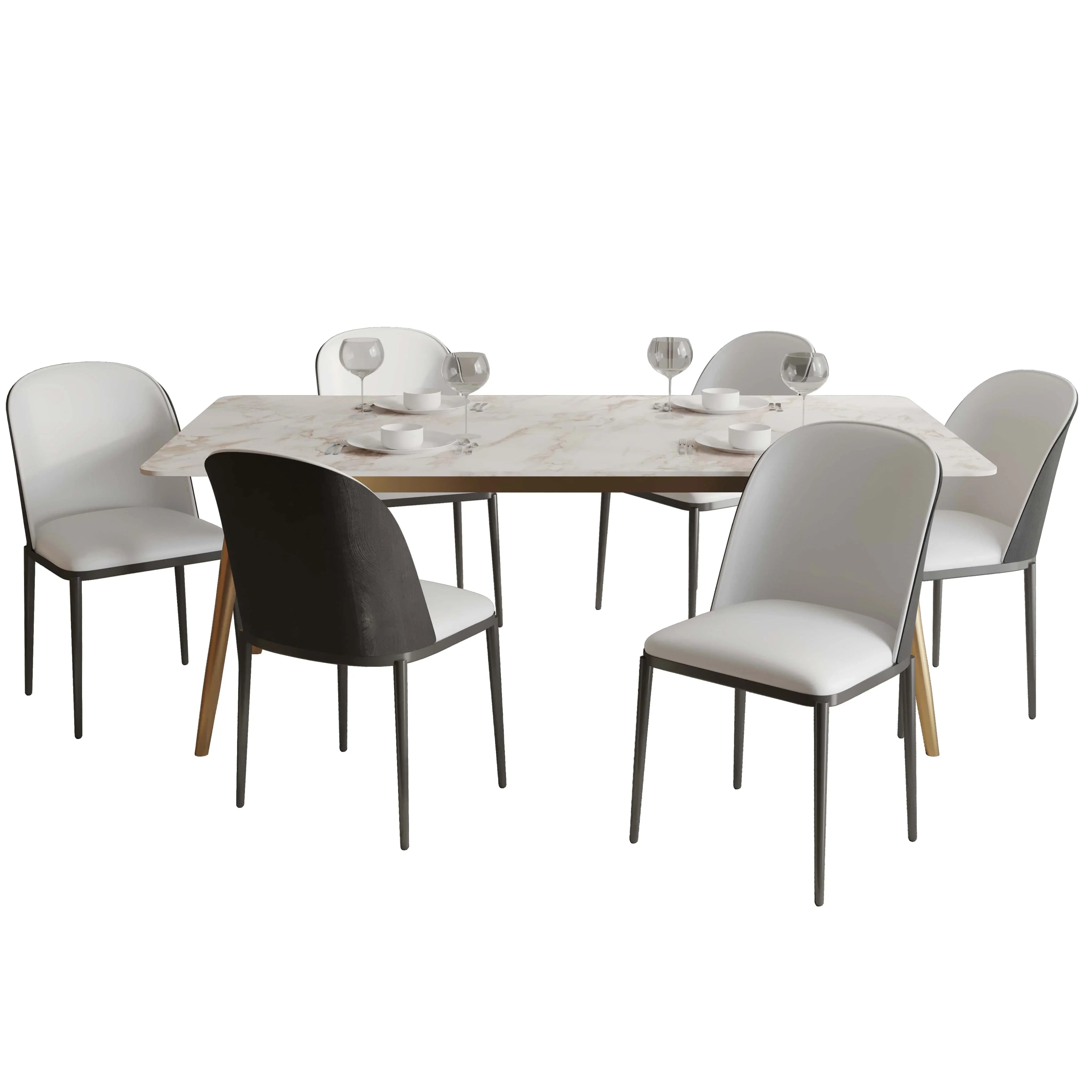 Zayle 7-Piece Dining Set with 55" Rectangular Dining Table in White Grey Sintered Stone Top and 6 Leather Dining Chairs - Elax Furniture