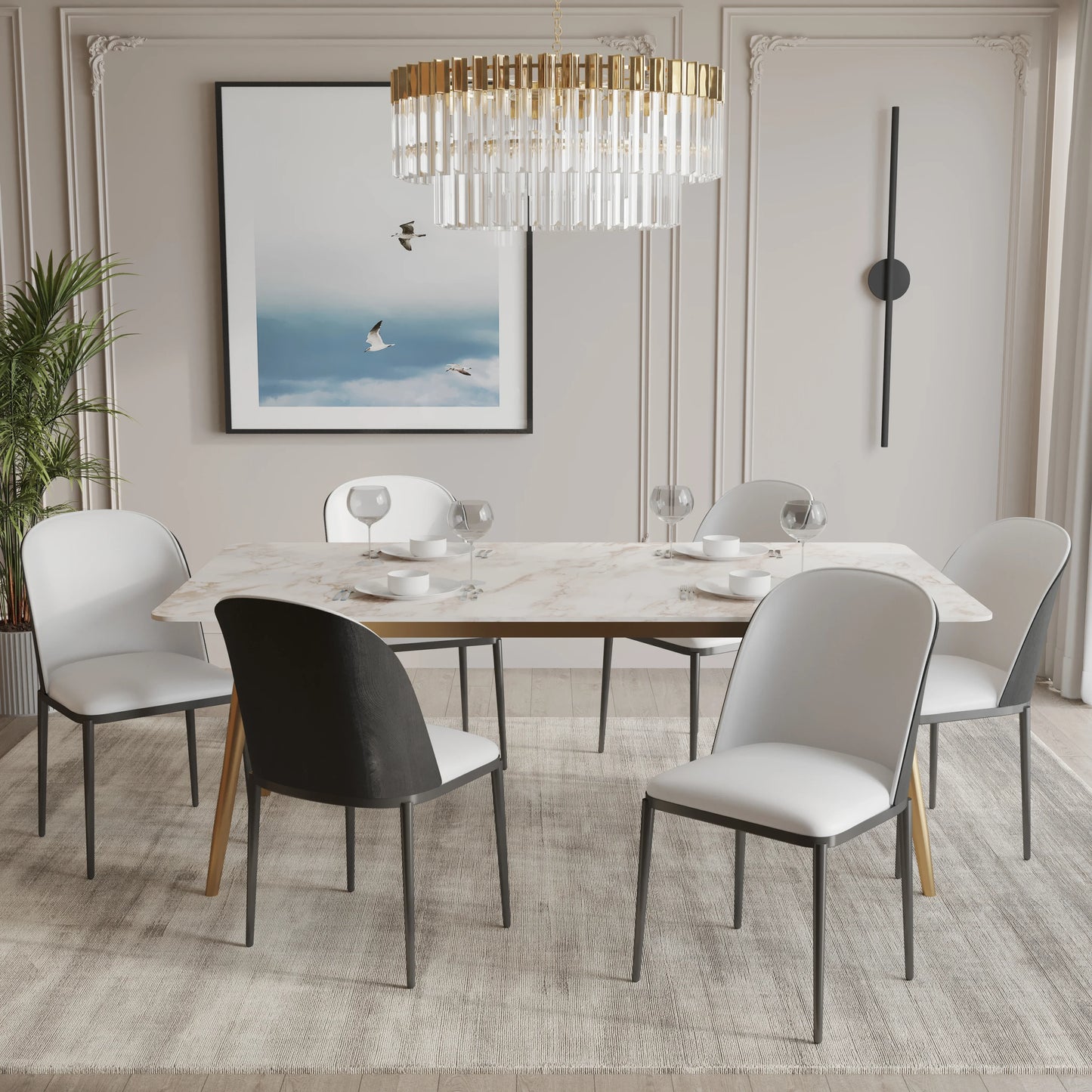 Zayle 7-Piece Dining Set with 55" Rectangular Dining Table in White Grey Sintered Stone Top and 6 Leather Dining Chairs - Elax Furniture