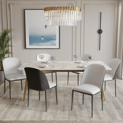 Zayle 7-Piece Dining Set with 55" Rectangular Dining Table in White Grey Sintered Stone Top and 6 Leather Dining Chairs - Elax Furniture