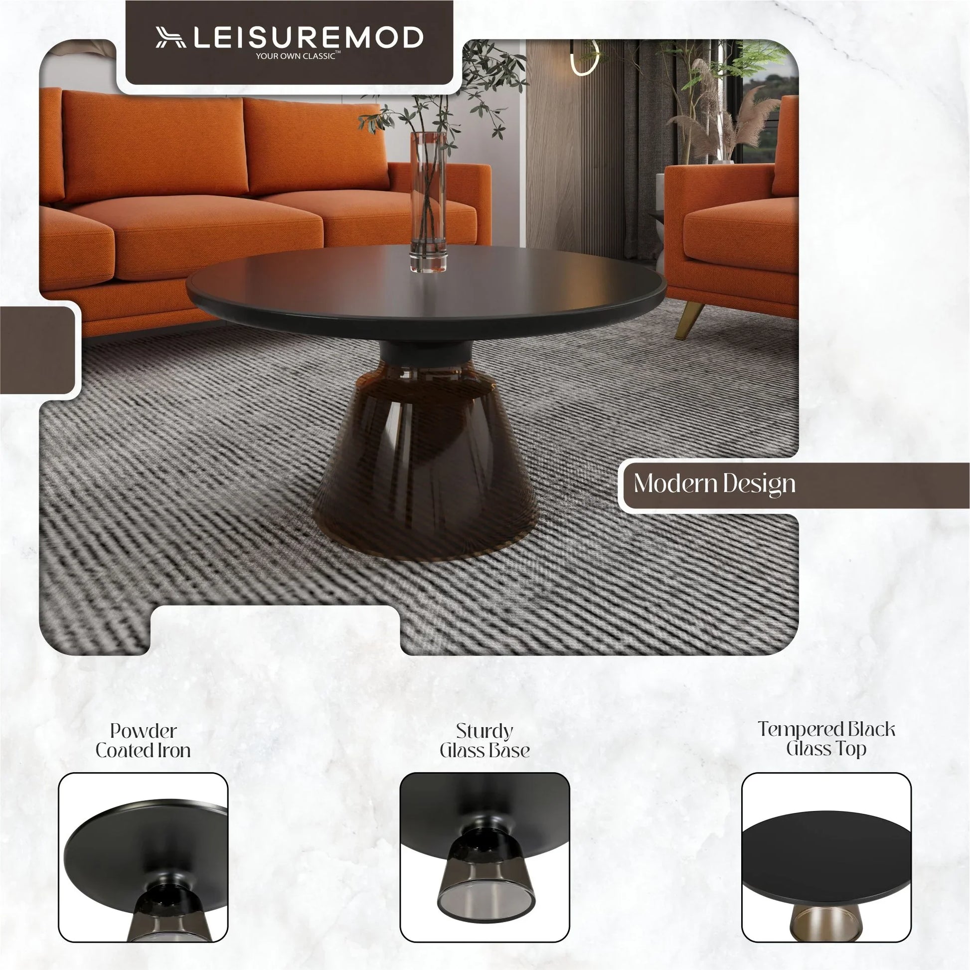 Tully Collection Coffee Table – Black/Gold Rim, Black Glass/Sintered Stone Top - Elax Furniture