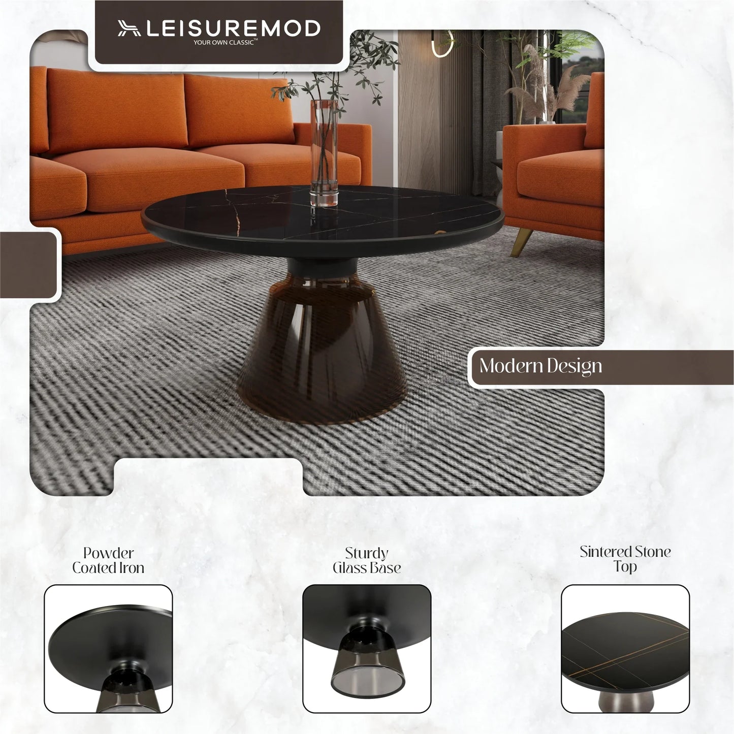 Tully Collection Coffee Table – Black/Gold Rim, Black Glass/Sintered Stone Top - Elax Furniture