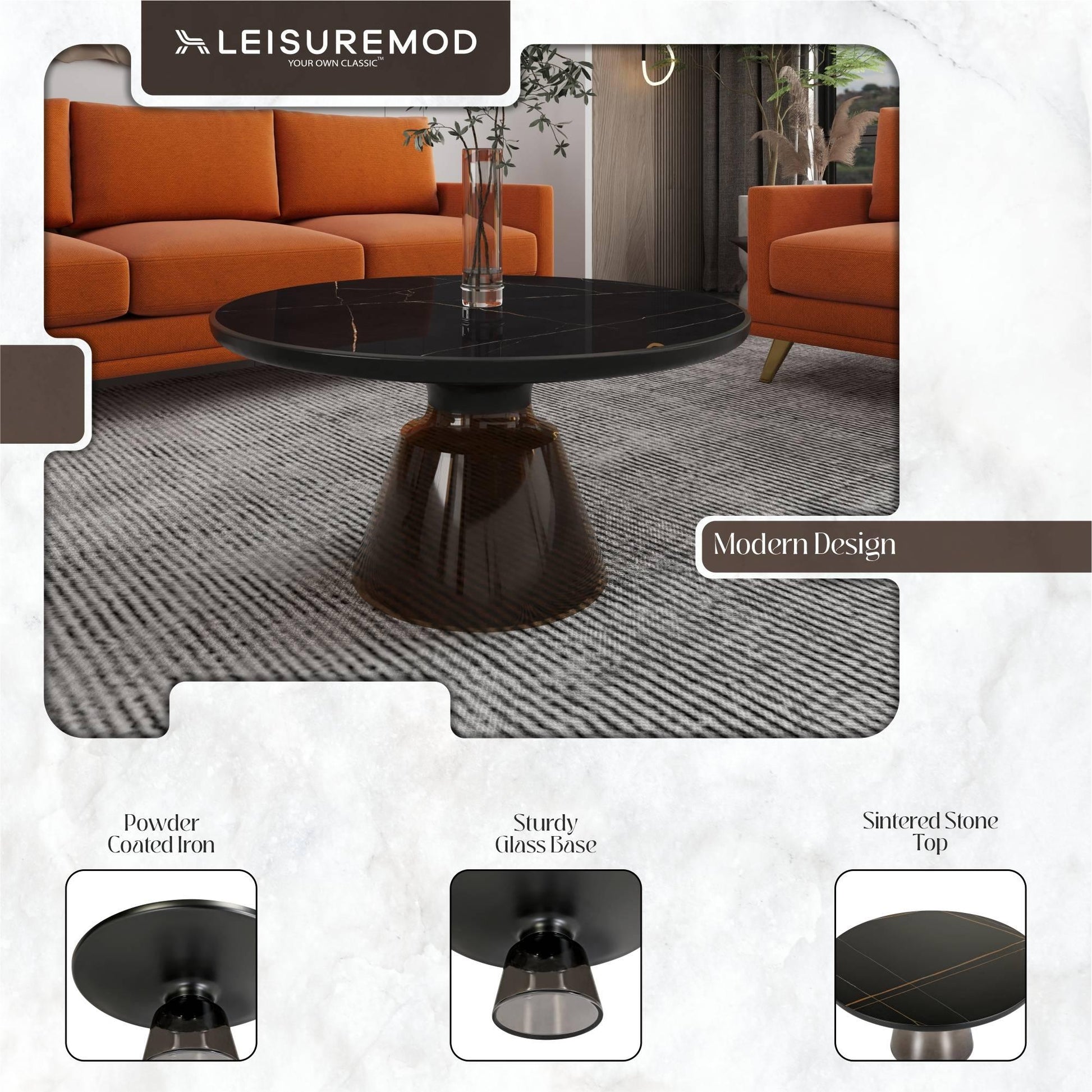 Tully Collection Coffee Table – Black/Gold Rim, Black Glass/Sintered Stone Top - Elax Furniture