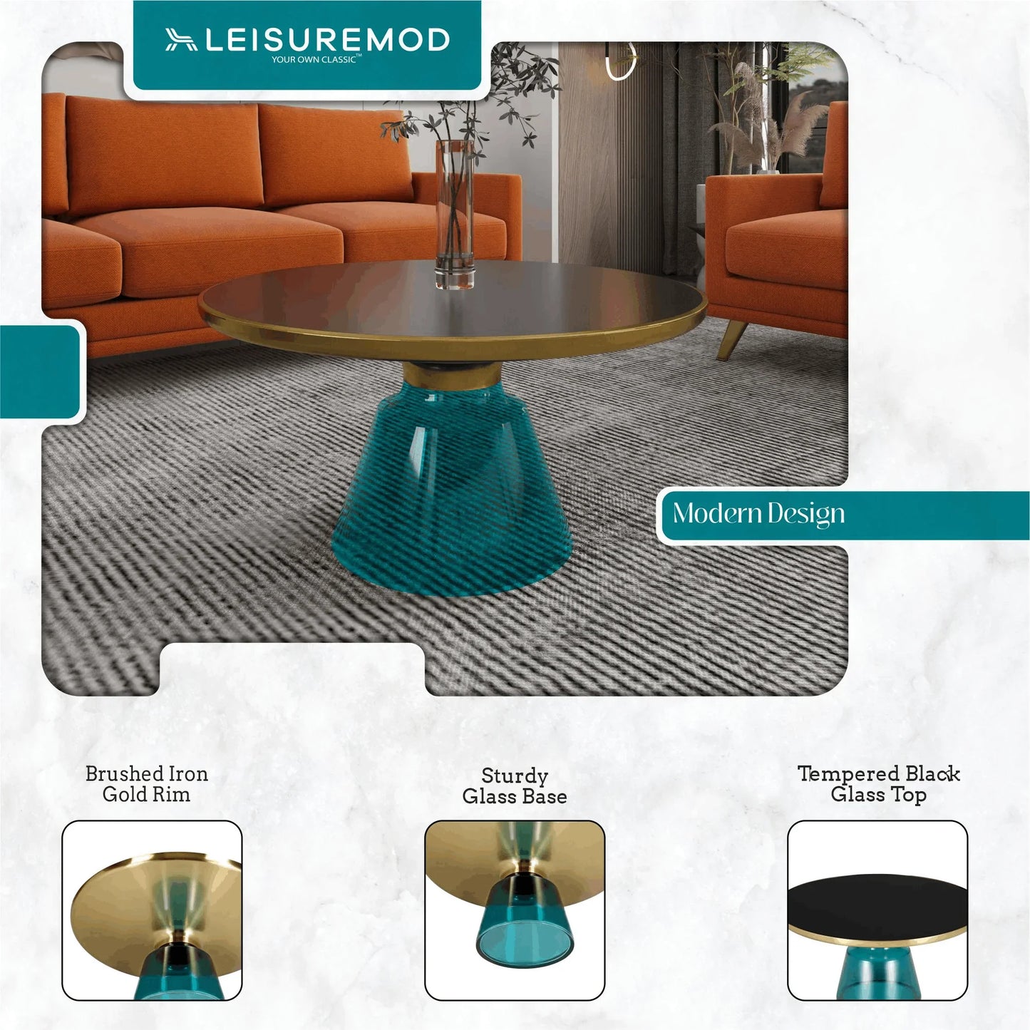 Tully Collection Coffee Table – Black/Gold Rim, Black Glass/Sintered Stone Top - Elax Furniture