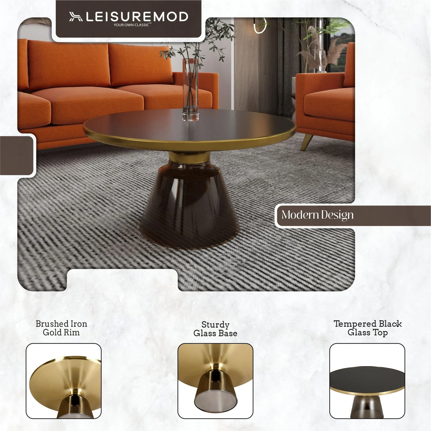 Tully Collection Coffee Table – Black/Gold Rim, Black Glass/Sintered Stone Top - Elax Furniture