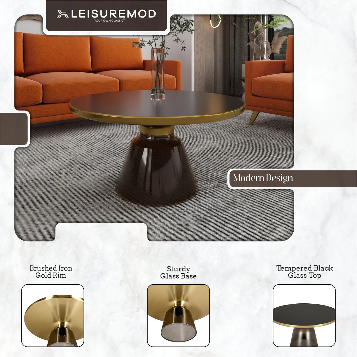 Tully Collection Coffee Table – Black/Gold Rim, Black Glass/Sintered Stone Top - Elax Furniture