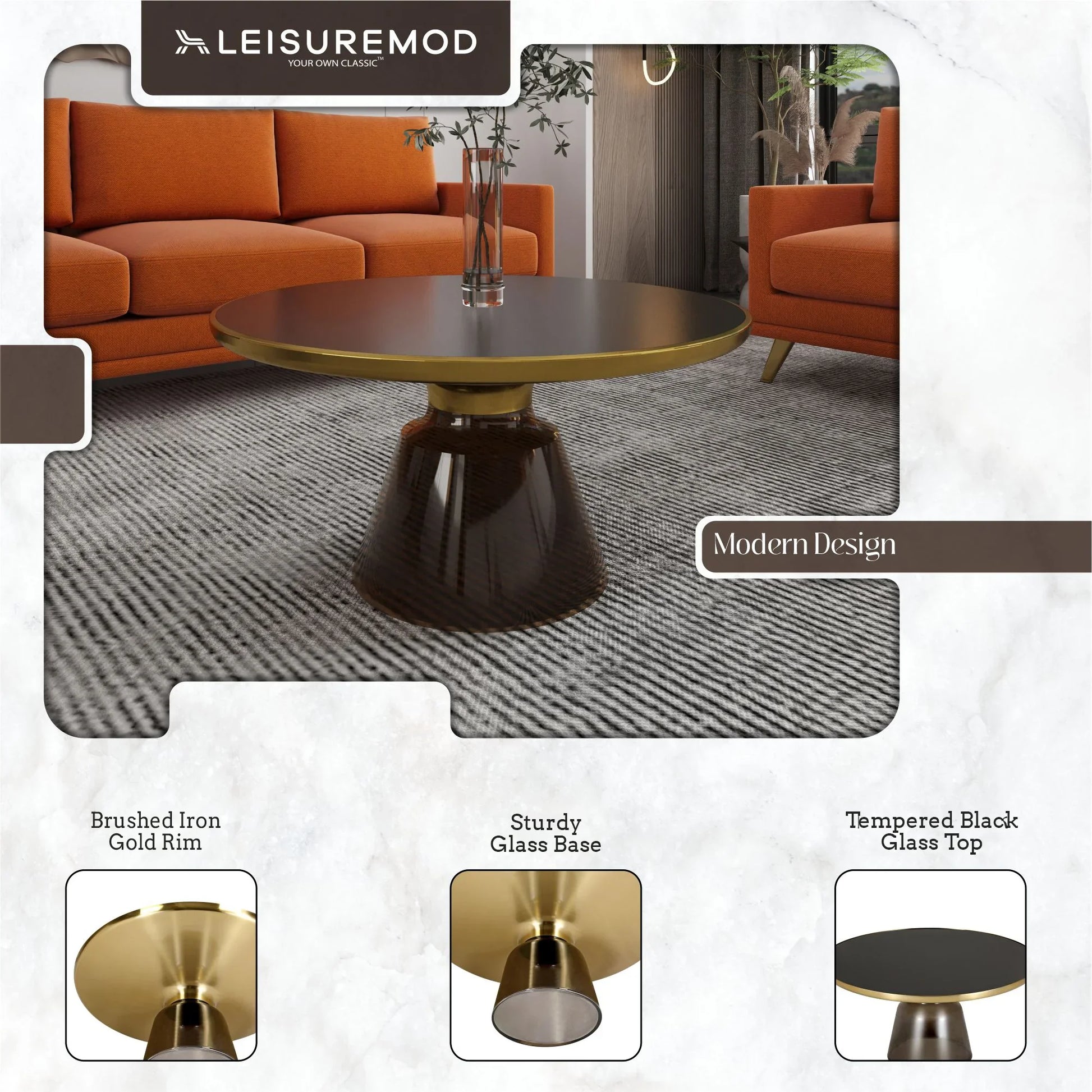 Tully Collection Coffee Table – Black/Gold Rim, Black Glass/Sintered Stone Top - Elax Furniture