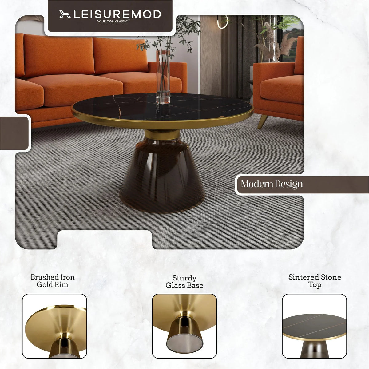 Tully Collection Coffee Table – Black/Gold Rim, Black Glass/Sintered Stone Top - Elax Furniture
