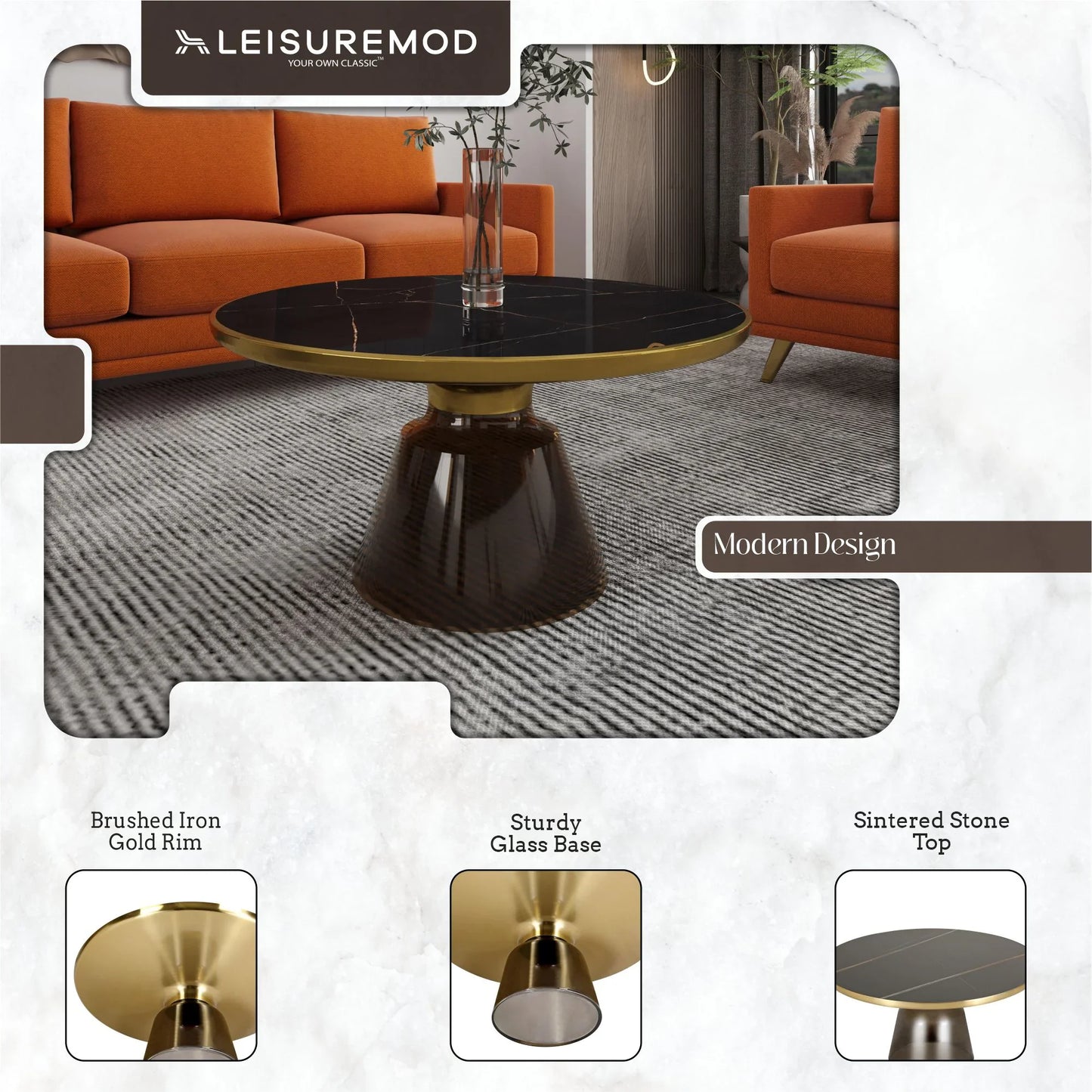 Tully Collection Coffee Table – Black/Gold Rim, Black Glass/Sintered Stone Top - Elax Furniture