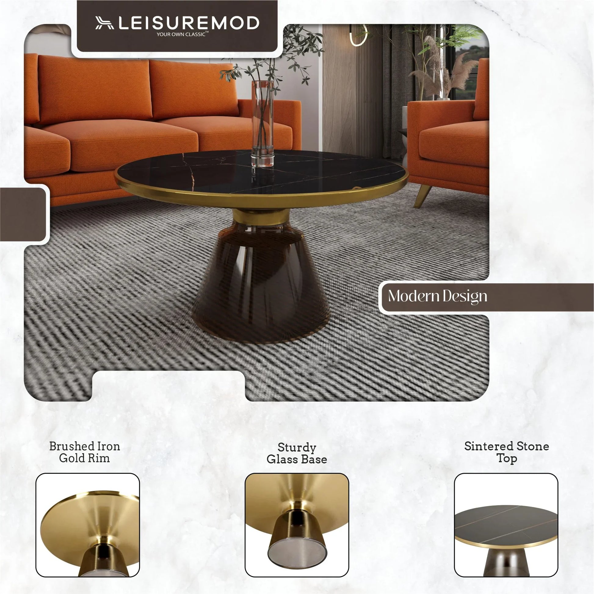 Tully Collection Coffee Table – Black/Gold Rim, Black Glass/Sintered Stone Top - Elax Furniture