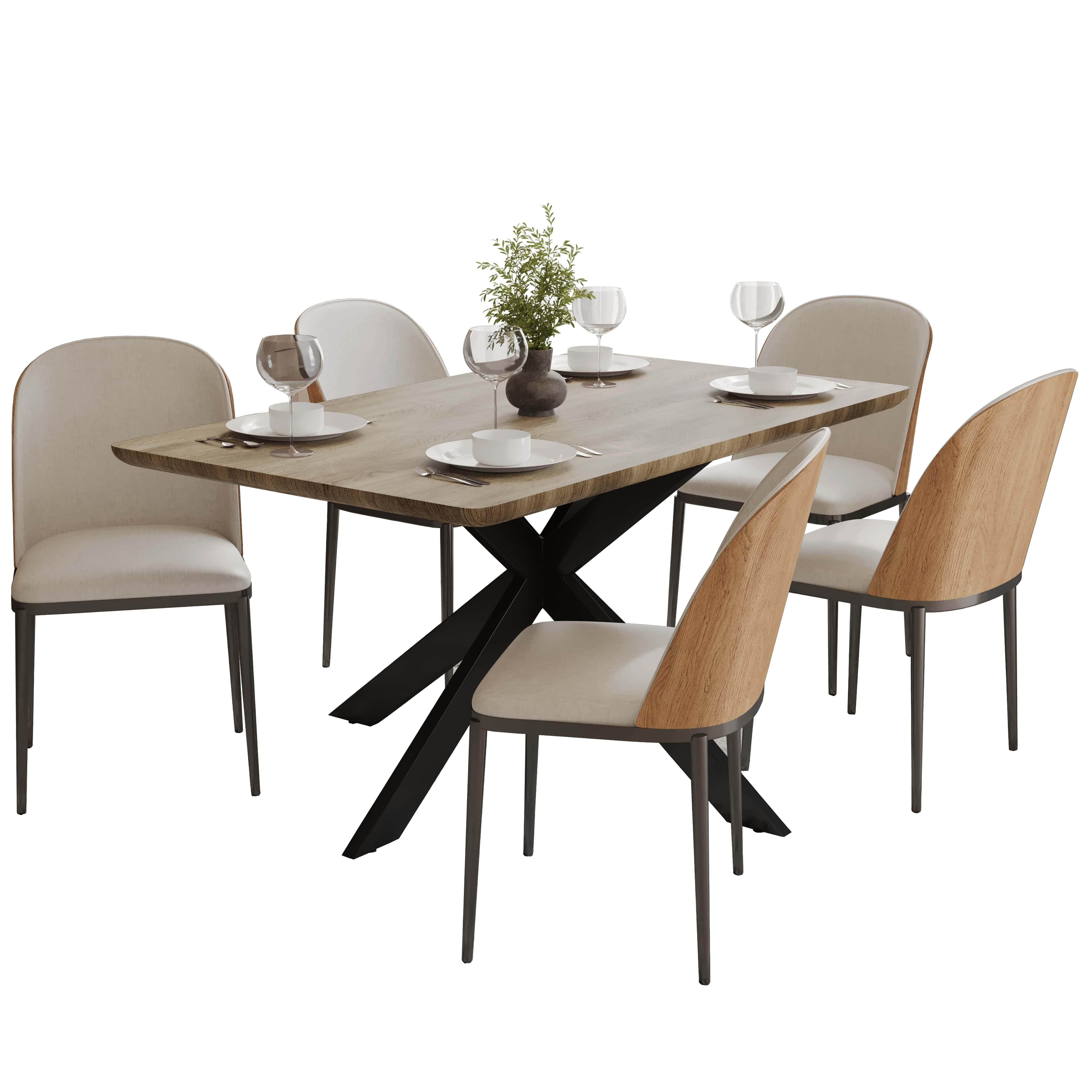 Ravenna 6-Piece Dining Set with 63" Rectangular Dining Table in Natural Wood MDF and 5 Leather/Fabric/Suede Fabric Dining Chairs - Elax Furniture