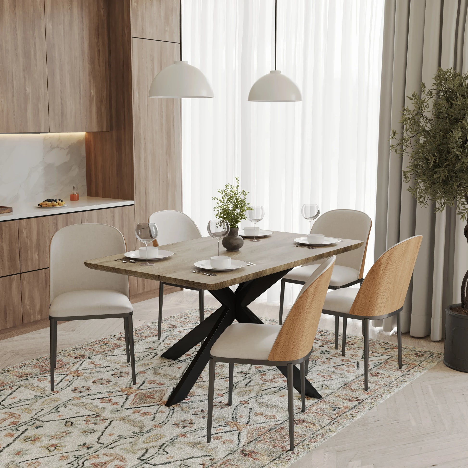 Ravenna 6-Piece Dining Set with 63" Rectangular Dining Table in Natural Wood MDF and 5 Leather/Fabric/Suede Fabric Dining Chairs - Elax Furniture