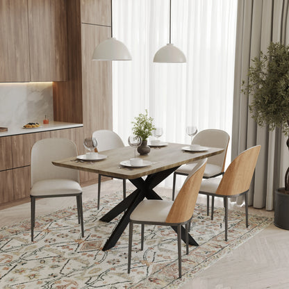 Ravenna 6-Piece Dining Set with 63" Rectangular Dining Table in Natural Wood MDF and 5 Leather/Fabric/Suede Fabric Dining Chairs - Elax Furniture