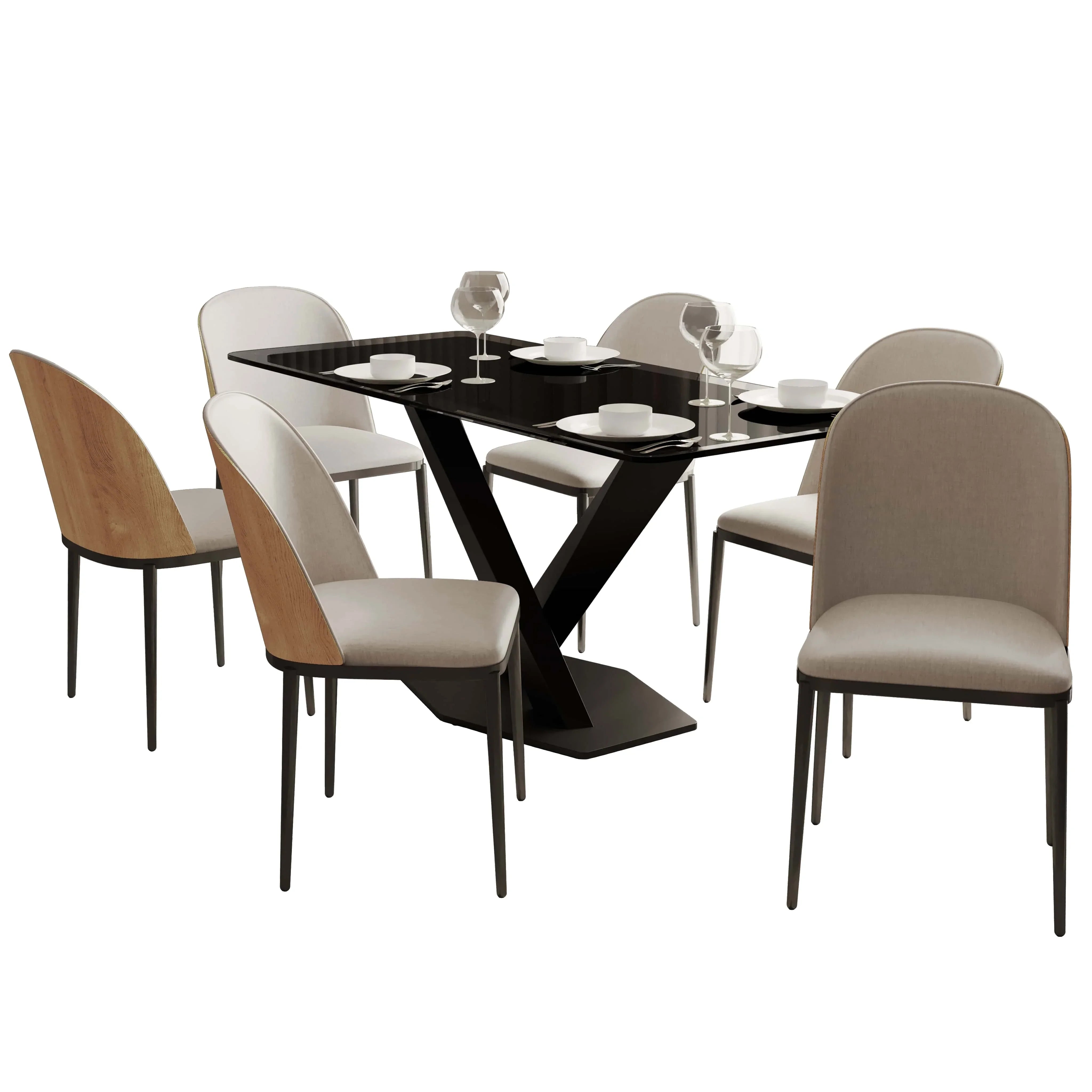Voren 7-Piece Dining Set with 55" Rectangular Dining Table in Black Glass Top and 6 Leather/Velvet/Suede Fabric Dining Chairs - Elax Furniture