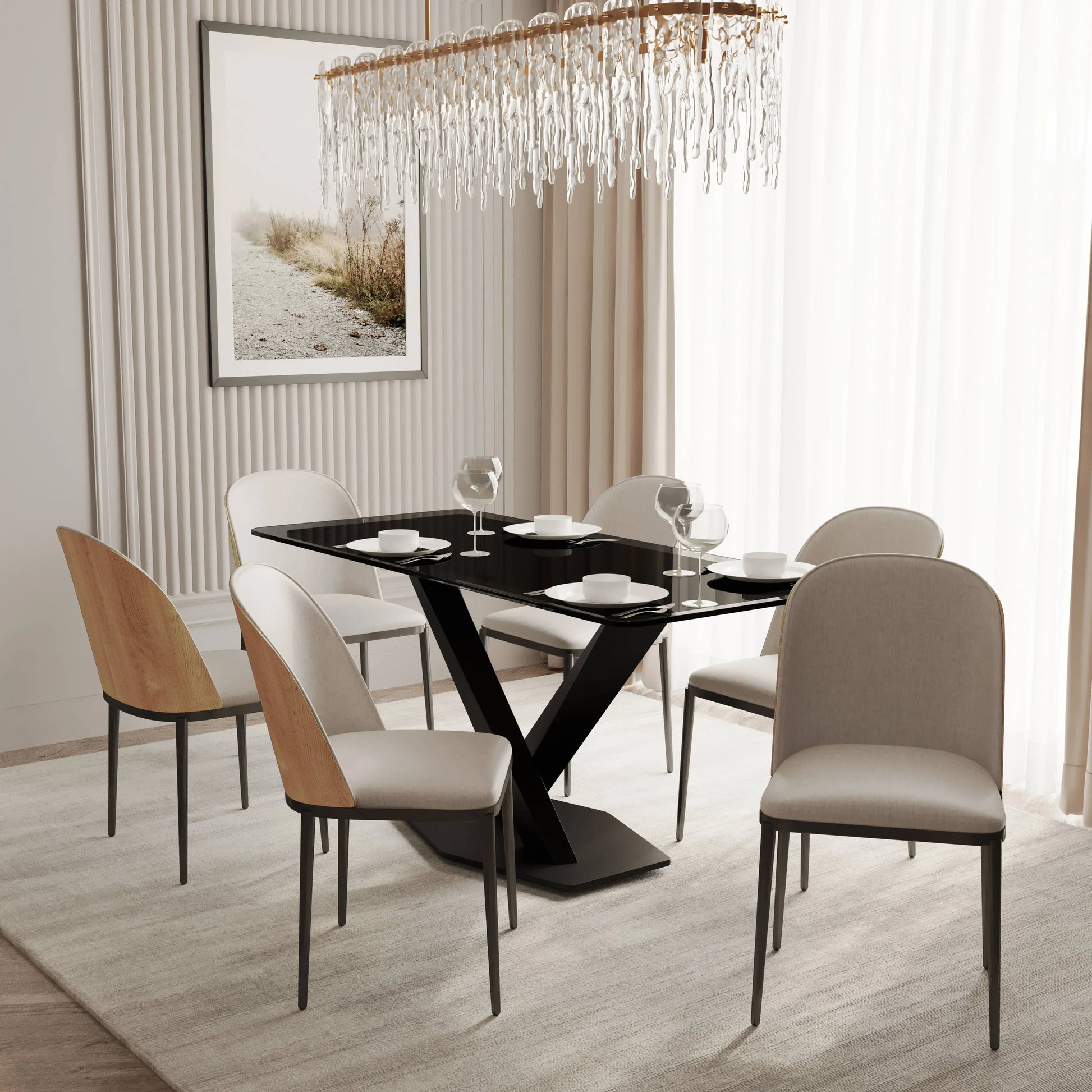 Voren 7-Piece Dining Set with 55" Rectangular Dining Table in Black Glass Top and 6 Leather/Velvet/Suede Fabric Dining Chairs - Elax Furniture