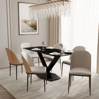 Voren 7-Piece Dining Set with 55" Rectangular Dining Table in Black Glass Top and 6 Leather/Velvet/Suede Fabric Dining Chairs - Elax Furniture
