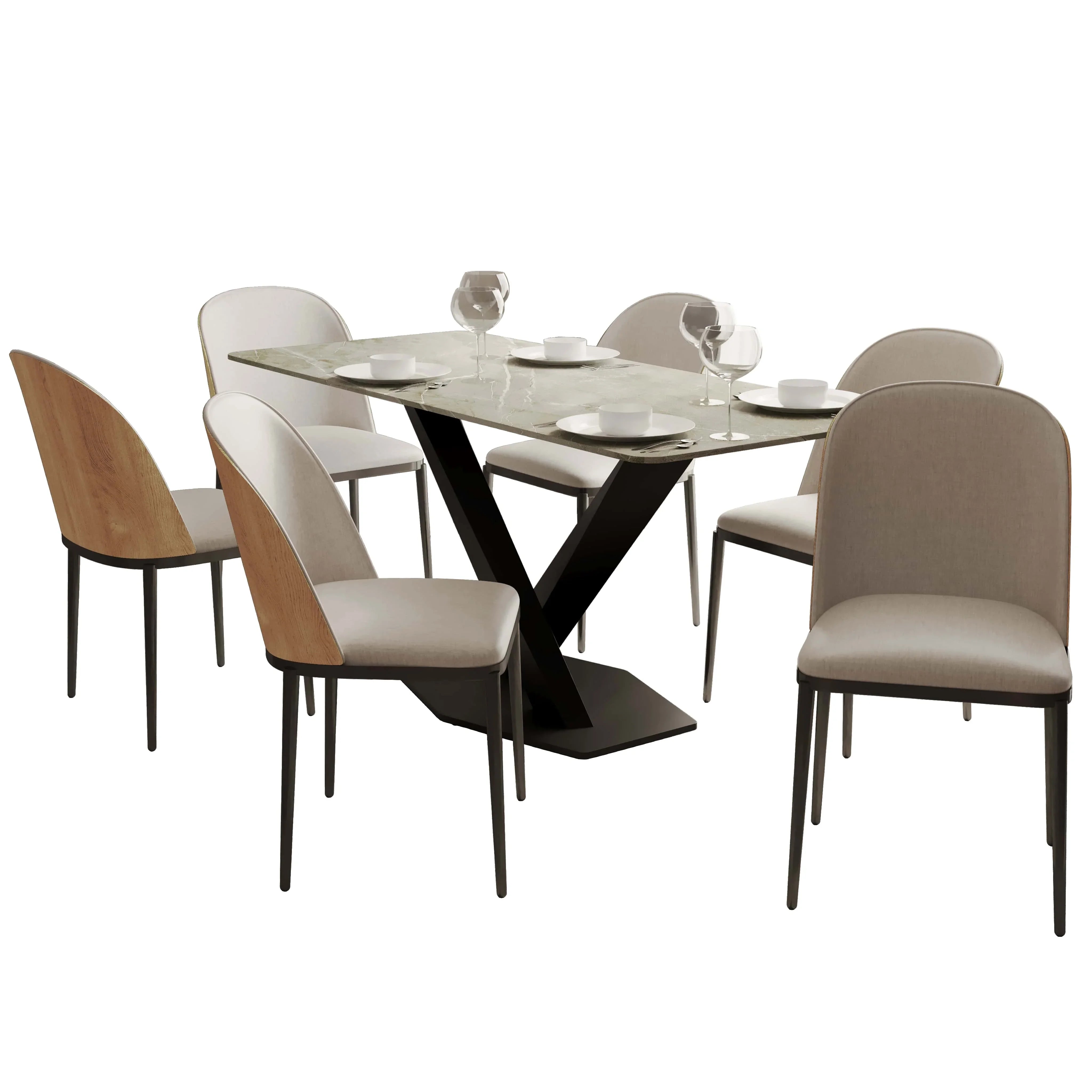 Voren 7-Piece Dining Set with 55" Rectangular Dining Table in Deep Grey Sintered Stone Top and 6 Leather/Velvet/Suede Fabric Dining Chairs - Elax Furniture